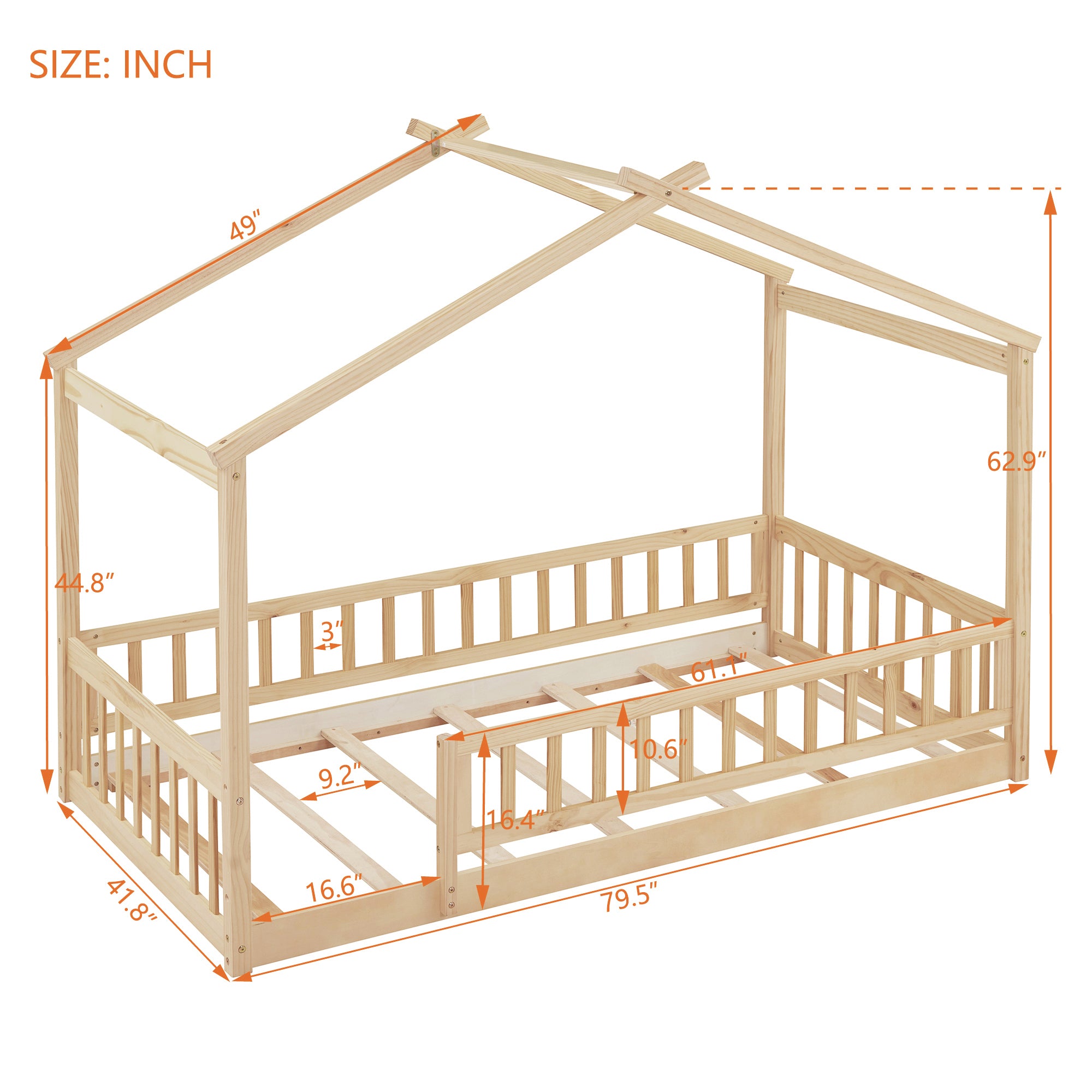 Twin Size Wood Bed House Bed Frame with Fence, for Kids, Teens, Girls, Boys,Natural