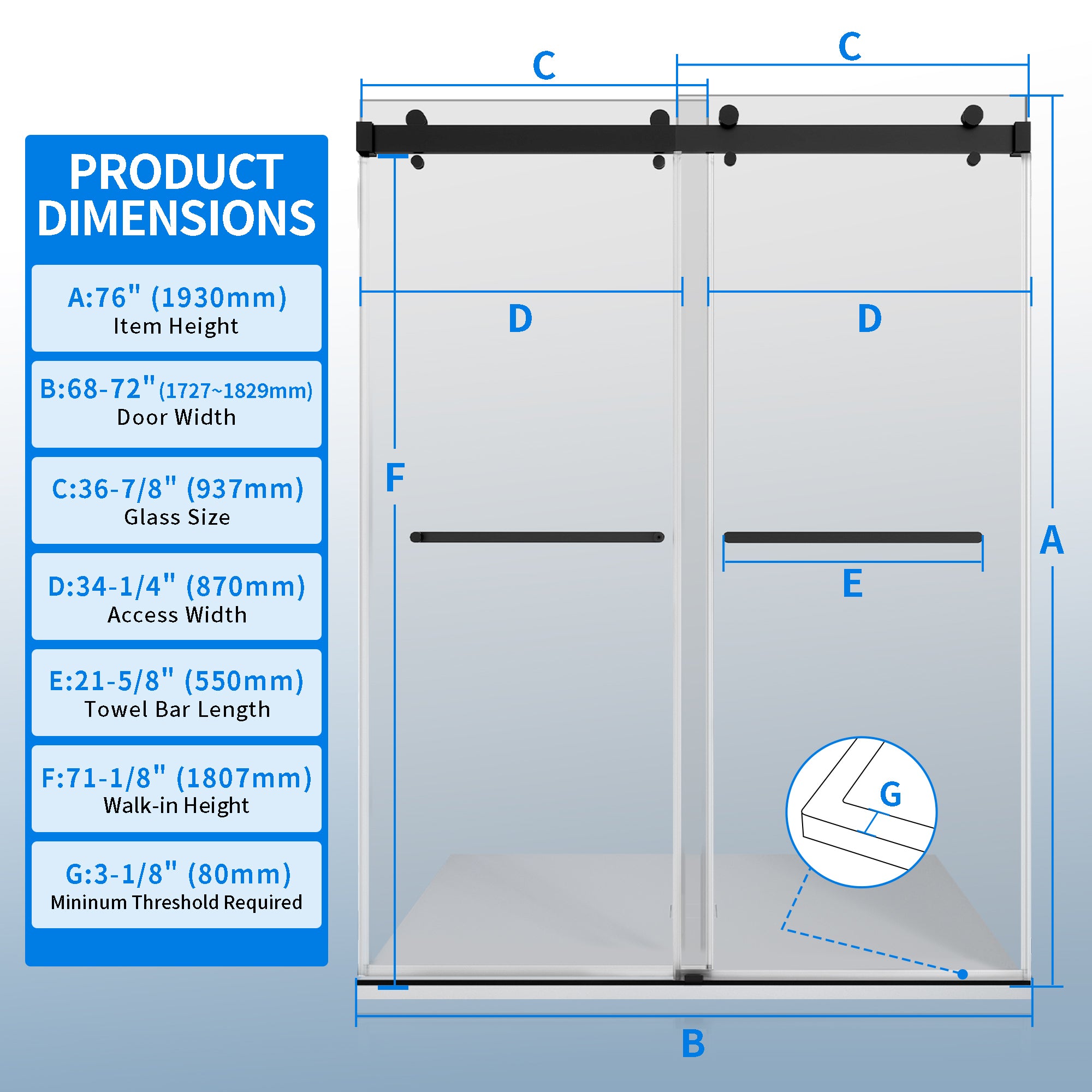 68-72"W × 76"H Double Sliding Frameless Shower Door With 3/8 inches (10mm) Clear Tempered Glass, Matte Black Finish