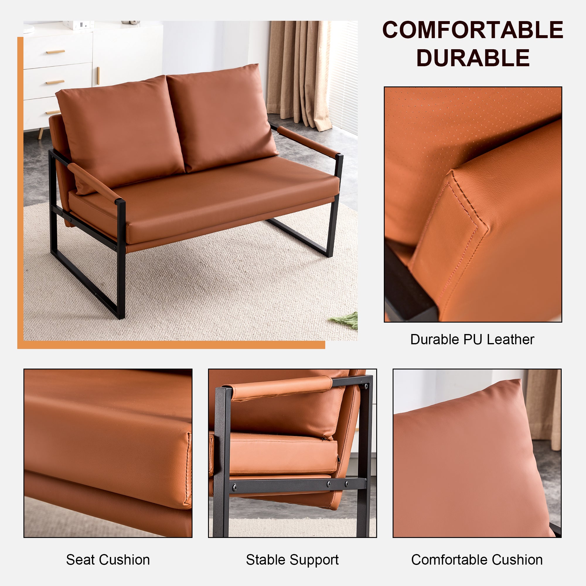 Modern Two-Seater Sofa Chair with 2 Pillows - PU Leather, High-Density Foam, Black Coated Metal Frame.Brown  SF-D008