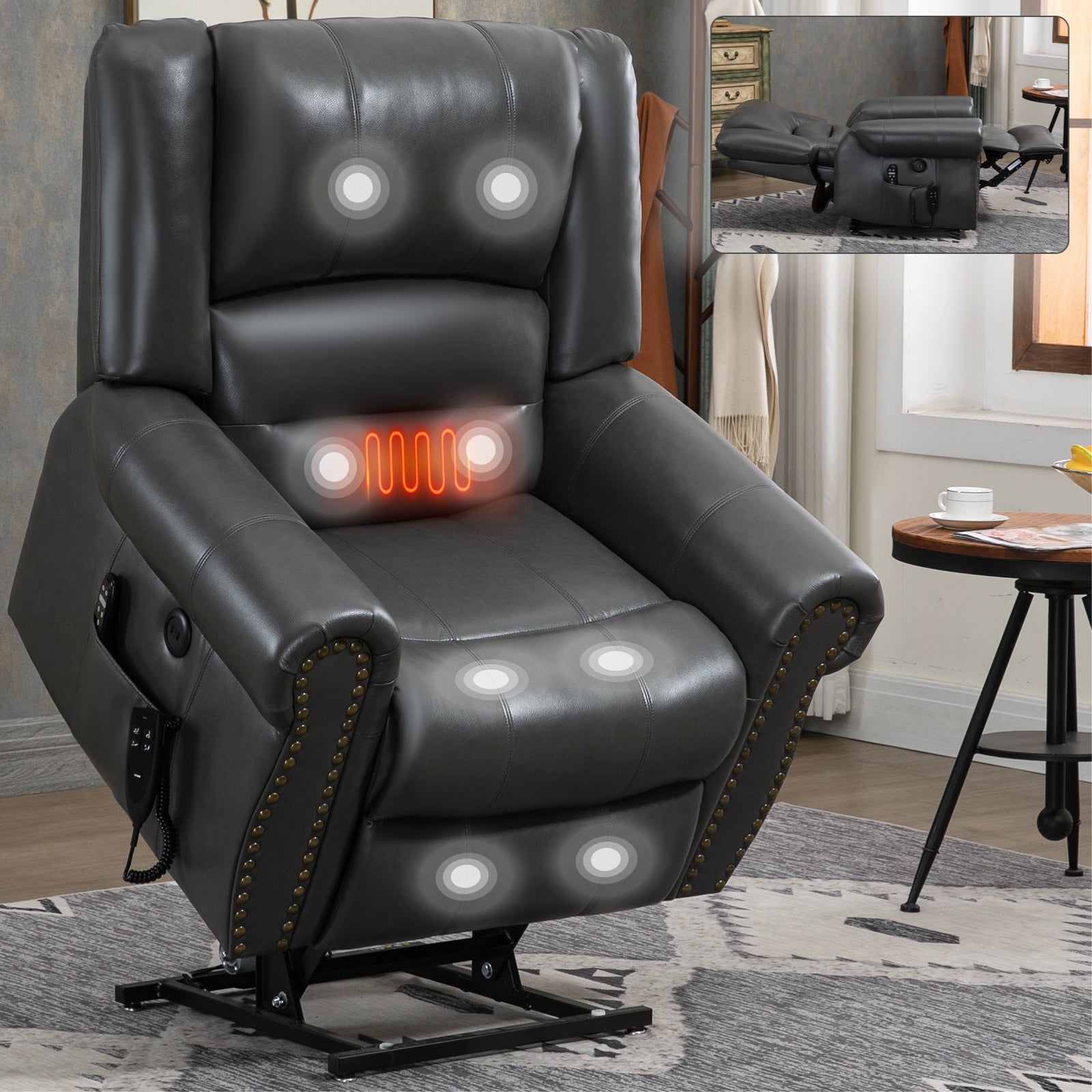 Power Lift Recliner Chair Heat Massage Dual Motor Infinite Position Up to 350 LBS, Faux Leather, Heavy Duty Motion Mechanism with USB Ports, Grey