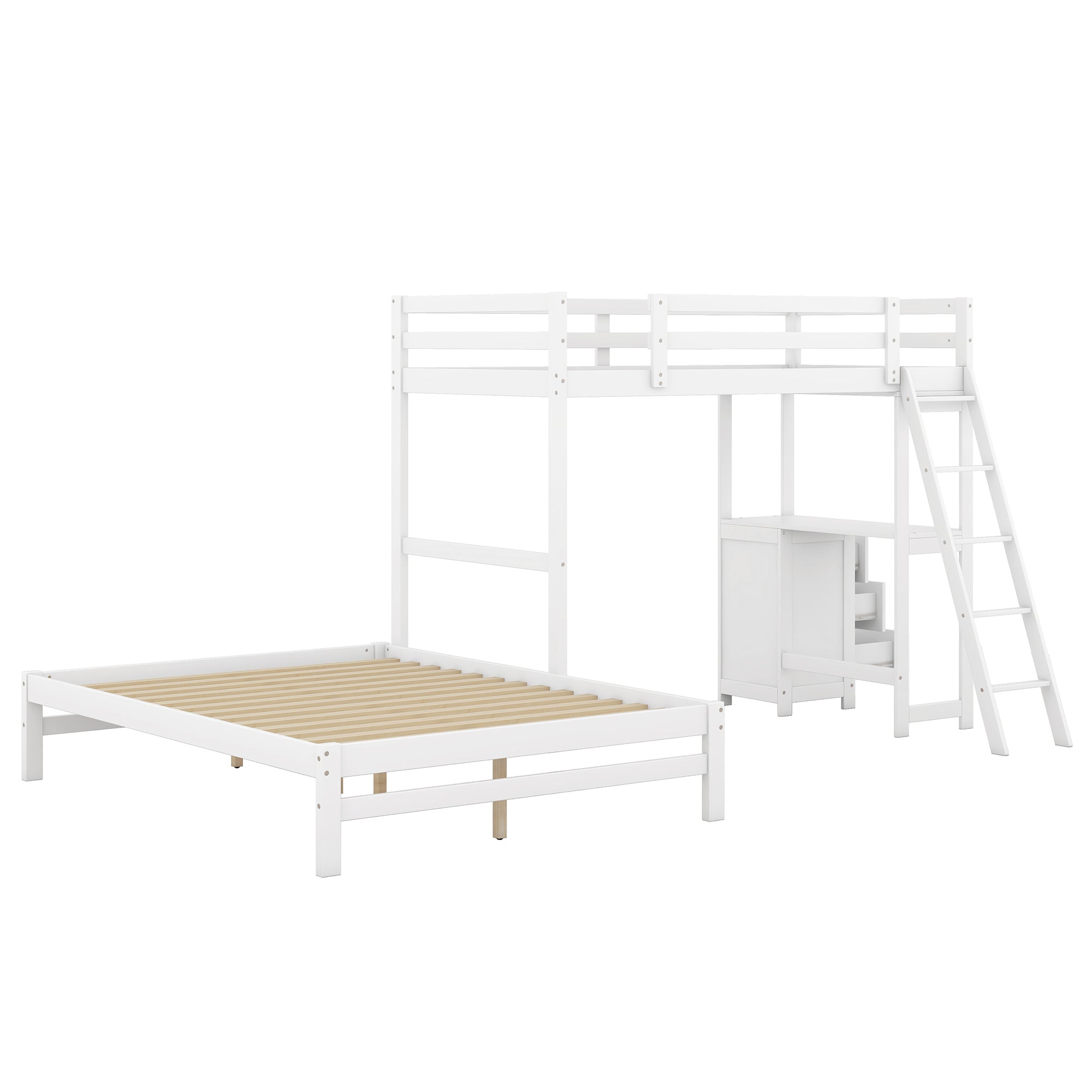 Twin over Full Bunk Bed with Built-in Desk and Three Drawers,White