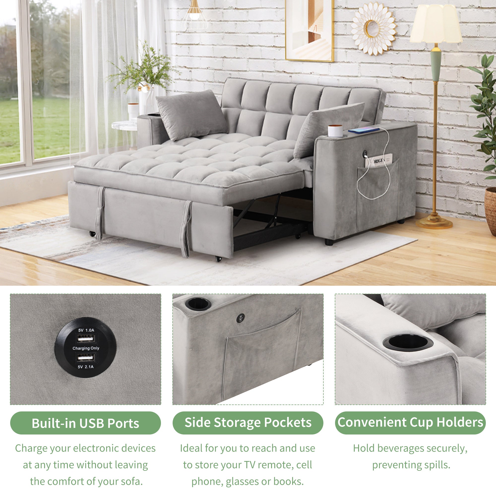 58" 4-1 Multi-functional Sofa Bed with Cup Holder and USB Port for Living Room or Apartments, Gray