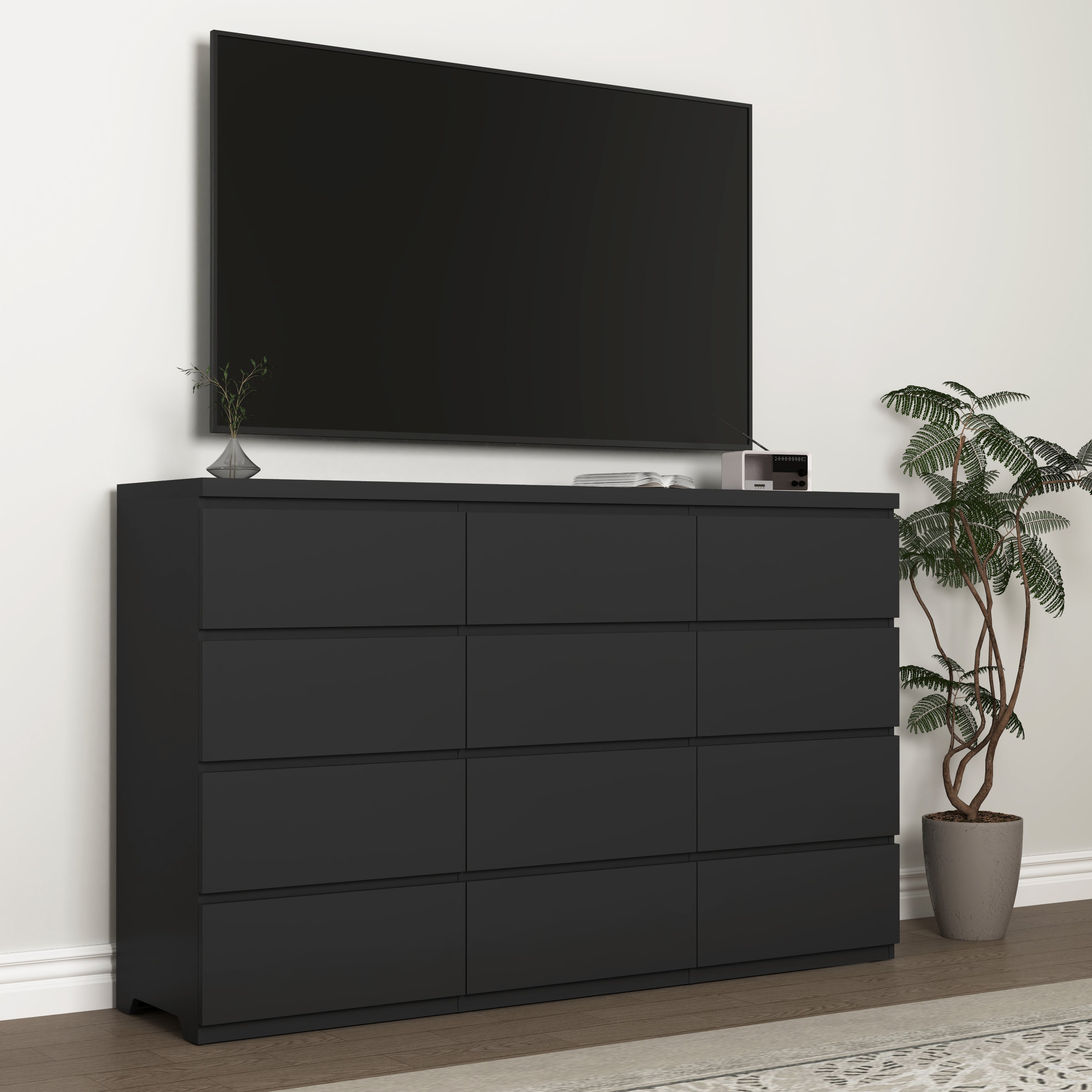Modern wood chest of drawers in black, drawers open