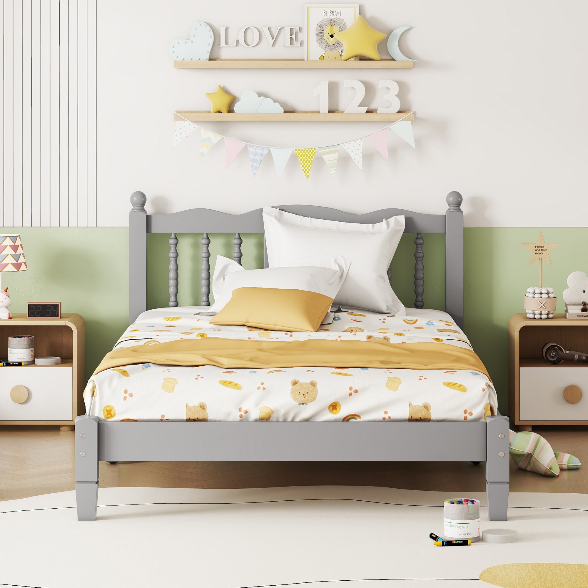 Twin Bed with Column-Decoration Headboard, with Bed Slats,Grey