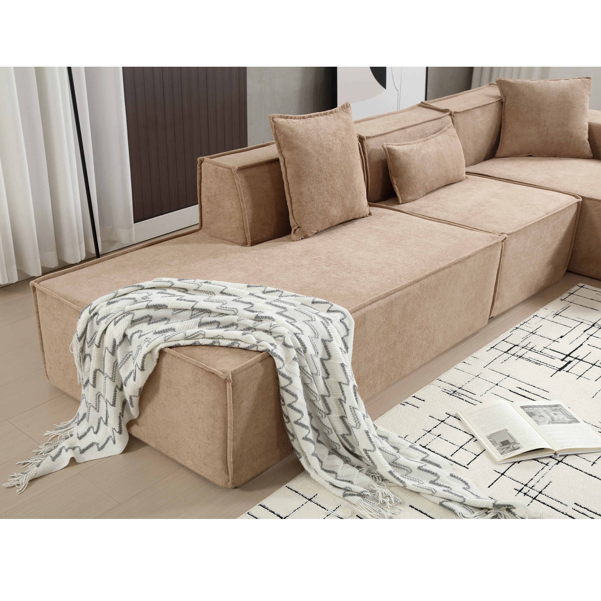 [VIDEO PROVIDED] Modular combination  sofa set, modern minimalist sofa, free installation sofa, L-shaped, Italian minimalist tofu block sofa,  Right-Hand Facing,Terrycloth fabric,Light Brown