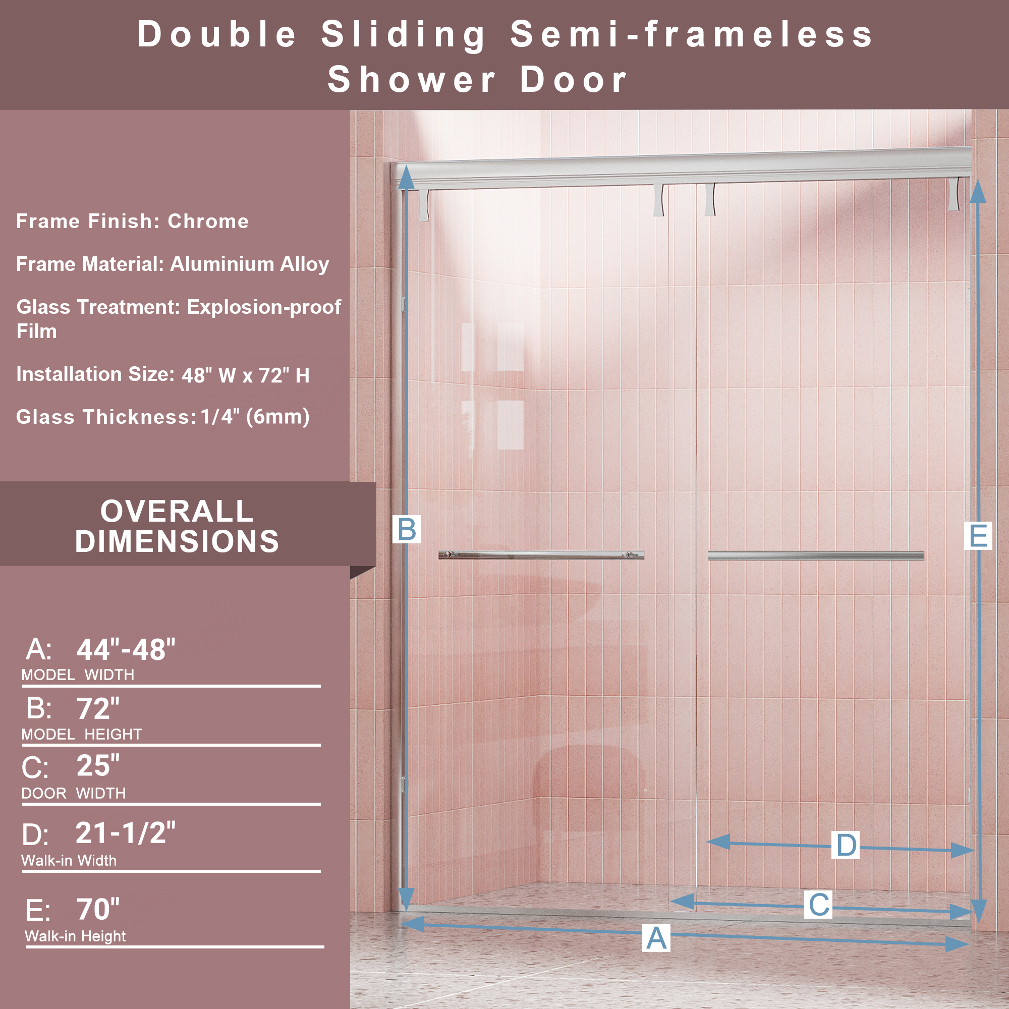 (44 - 48"W x 72"H), (56 - 60"W x 72"H) Semi-Frameless Shower Door, Double Sliding Shower Door, 1/4" (6mm) Clear Tempered Glass Shower Door with Explosion-Proof Film, Chrome