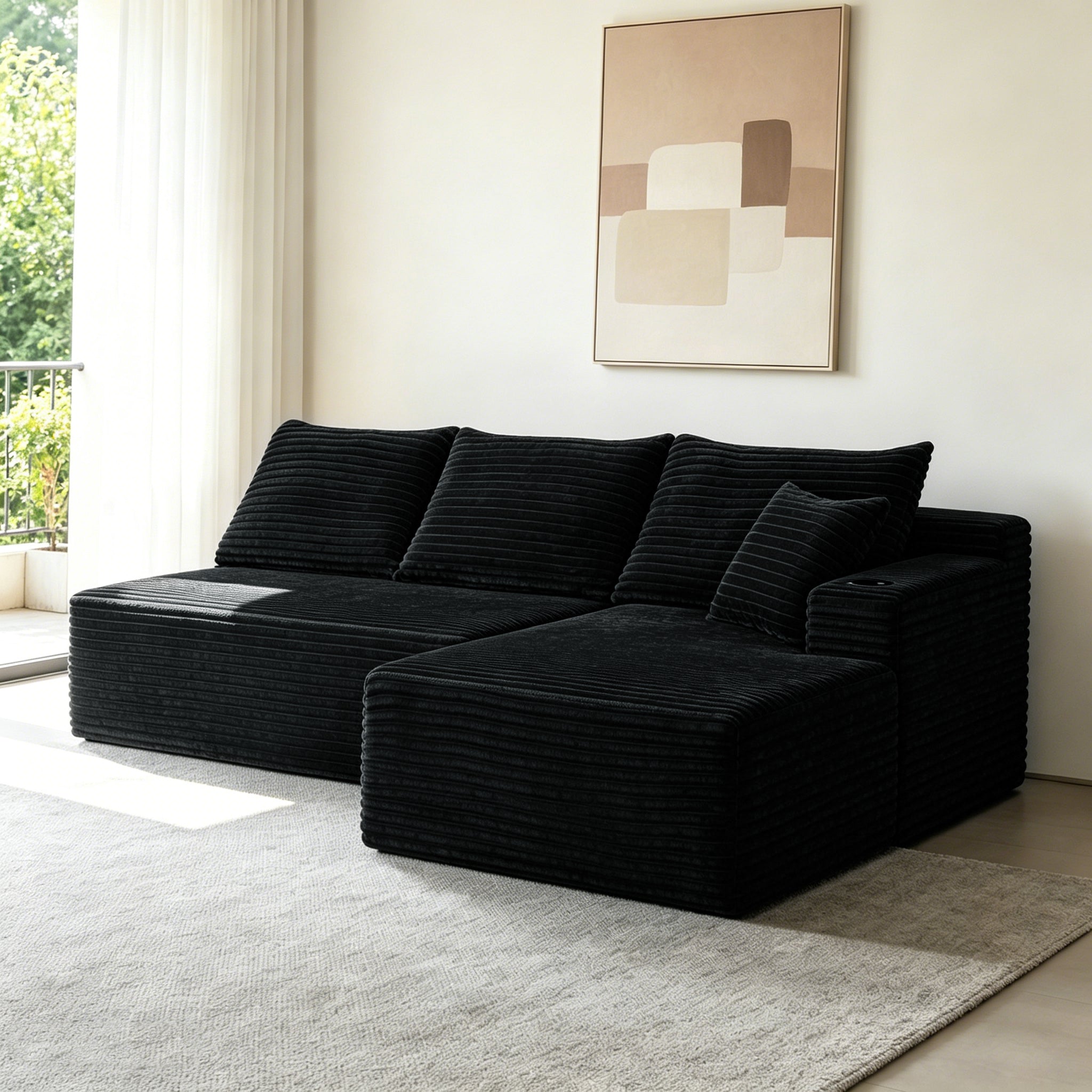 96-inch black plush fabric modular sectional sofa, full front view