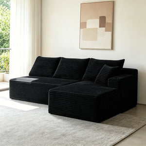 96-inch black plush fabric modular sectional sofa, full front view