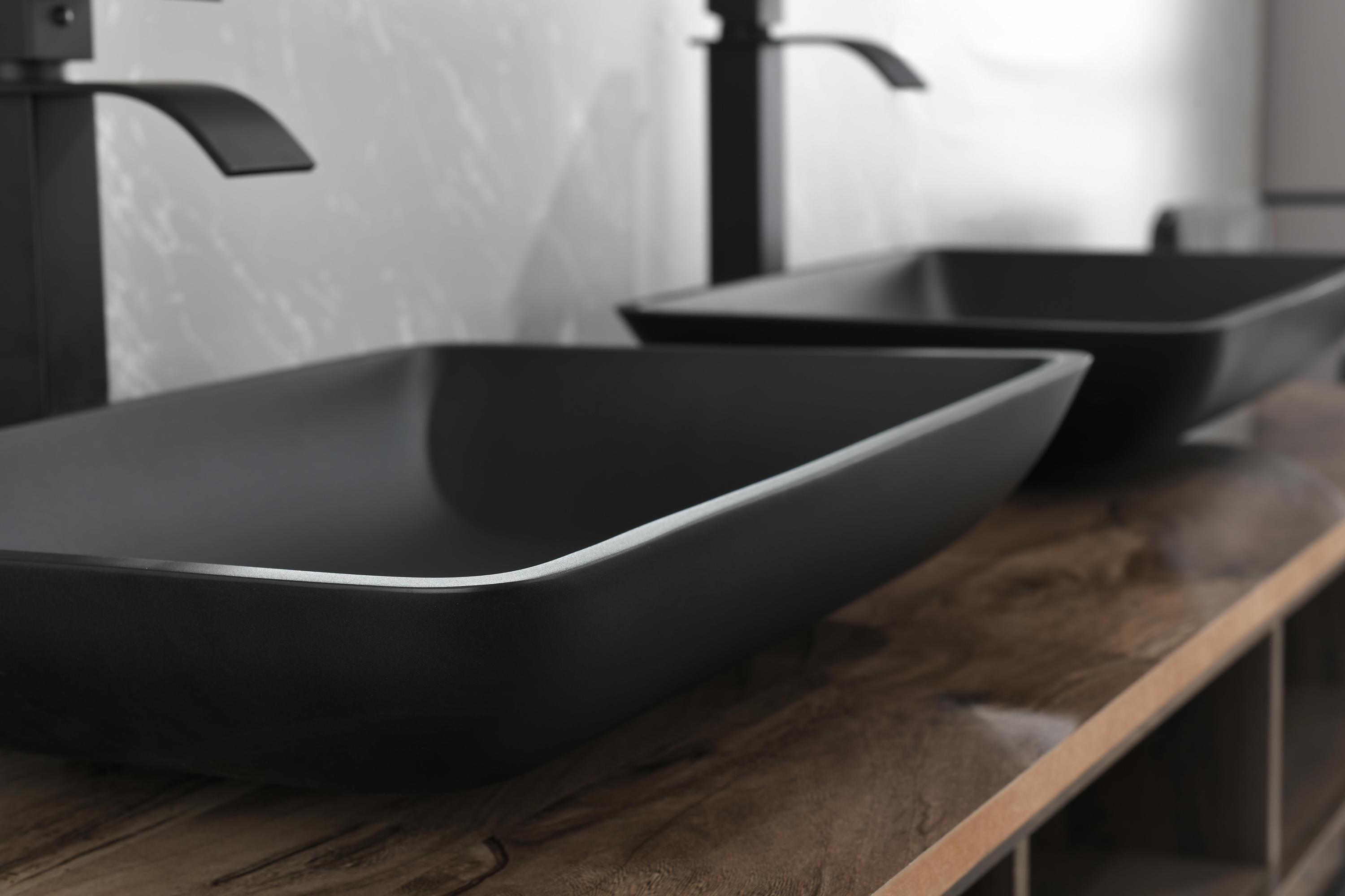 14.38" L -22.25" W -4-3/8 in. H Matte Shell  Glass Rectangular Vessel Bathroom Sink in Black with  Faucet and Pop-Up Drain in Matte Black