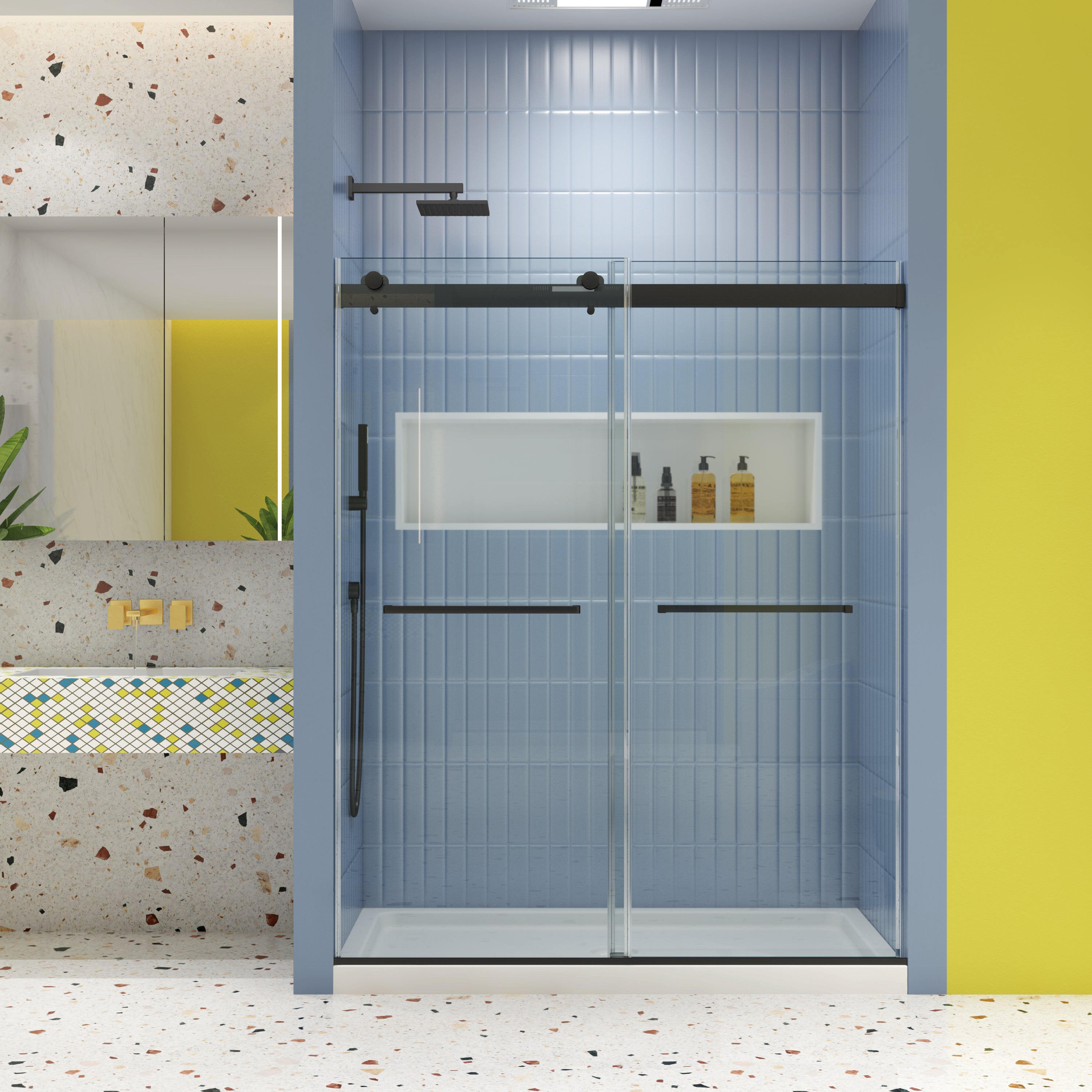 Matte black bypass sliding shower door front view