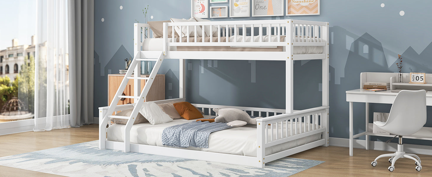 White bunk bed Queen lower berth in room setting