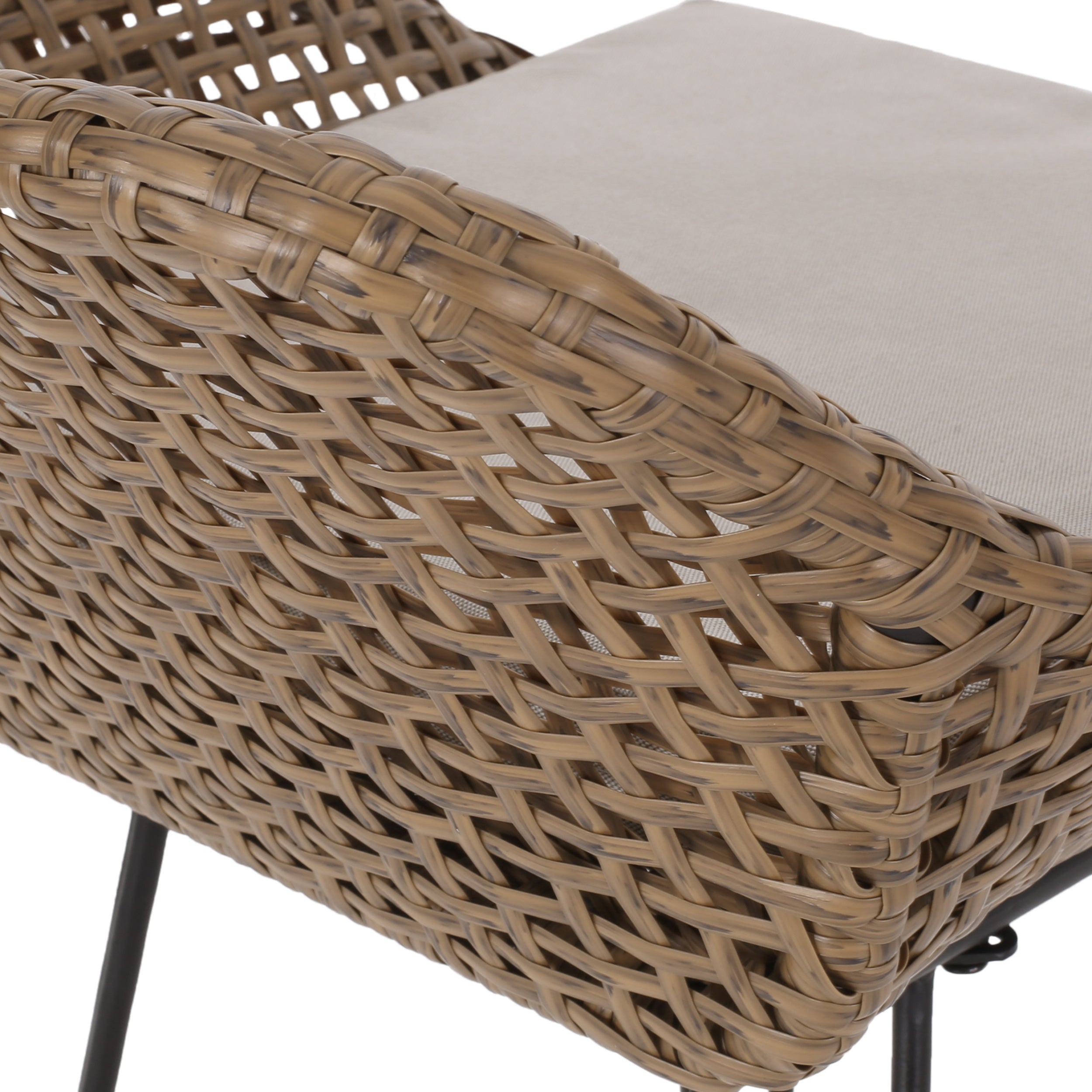 29.25" Outdoor Wicker and Iron Low Back Barstools, Light Brown, with Beige Cushion (Set of 2)