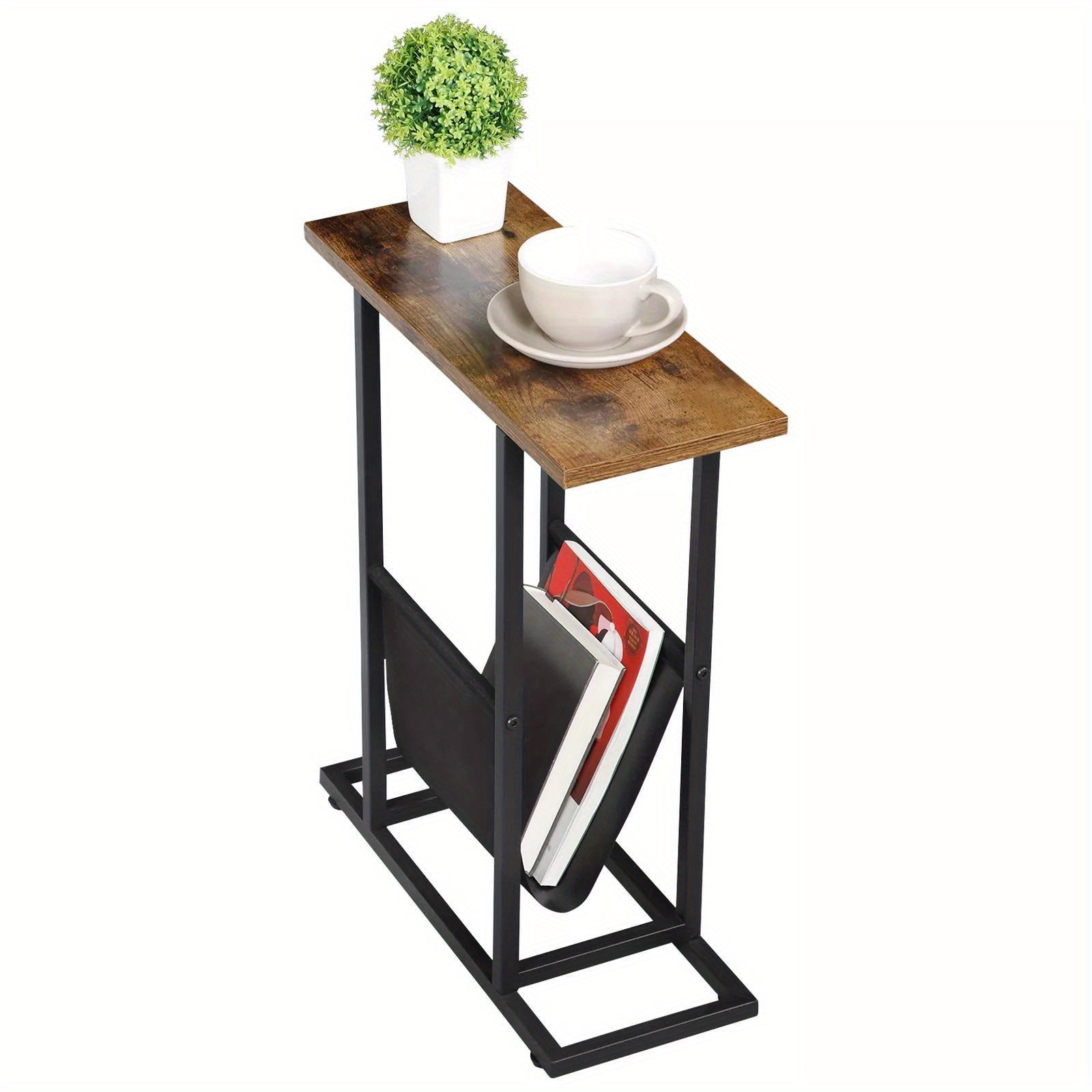 Narrow Side Table for Small Spaces – End Table with Storage & Magazine Holders!