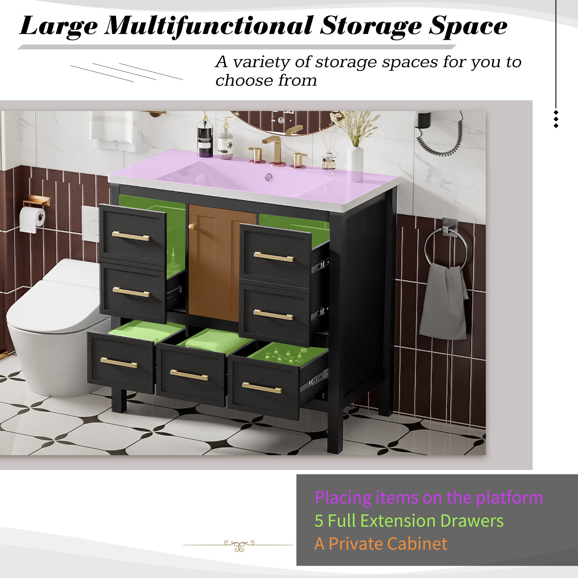 36'' Bathroom Vanity with Resin Sink Combo, Solid Wood Frame Bathroom Storage Cabinet, Freestanding Vanity Set with 5 Drawers& Soft Closing Doors (Same as N710S136002B )