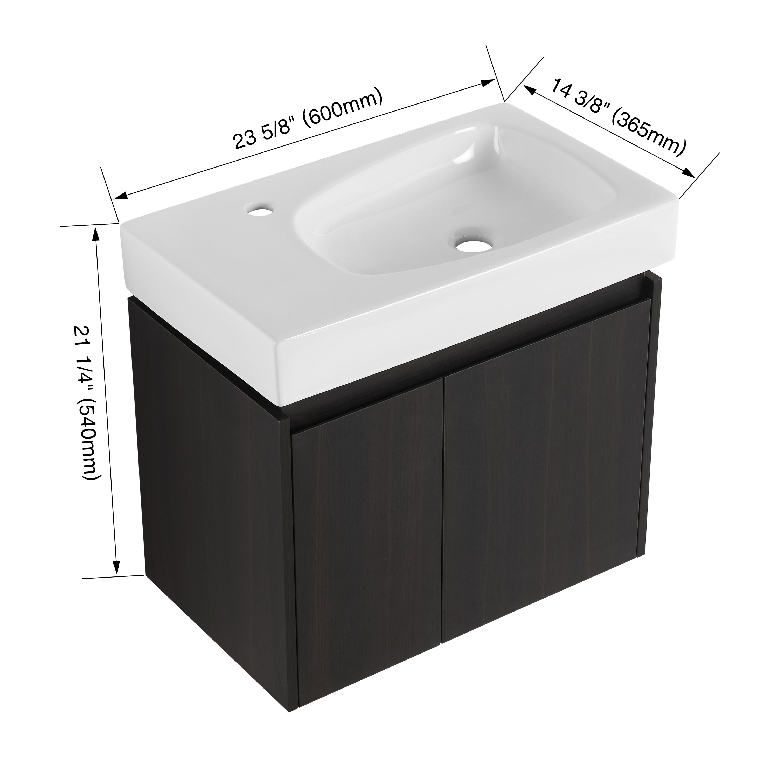 24 Inch Bathroom Vanity with Ceramic Basin, Wall Mounted Floating Vanity Sink Combo, Wooden Storage Cabinet with Double Doors for Bathroom,Black