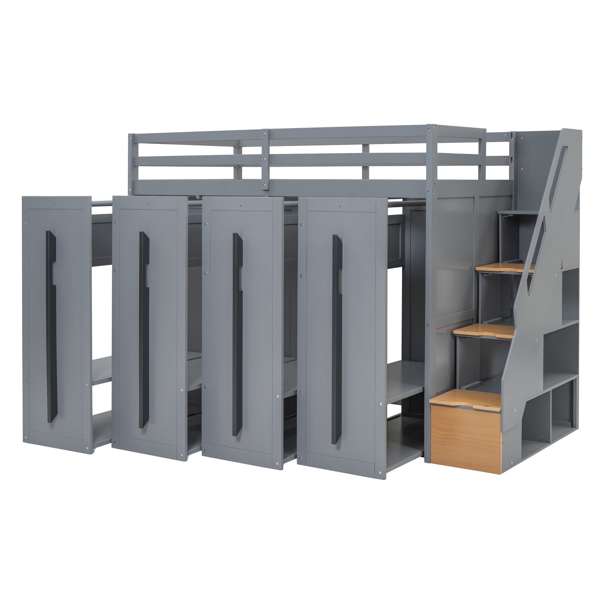 Modern Loft Bed with Two-Tone Storage Stairs and Pull-Out Wardrobes, Gray