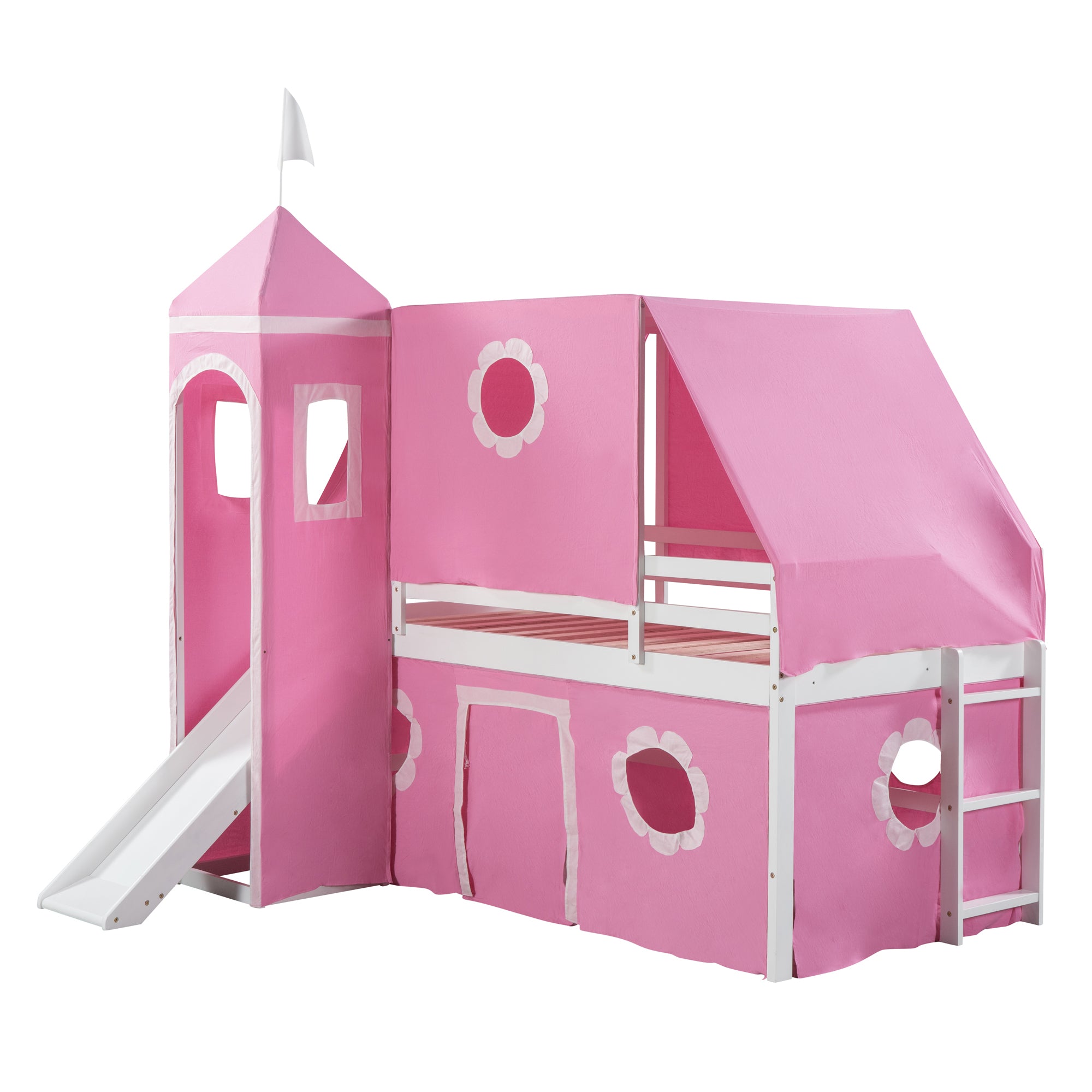 Twin Size Loft Bed with Slide Pink Tent and Tower - Pink