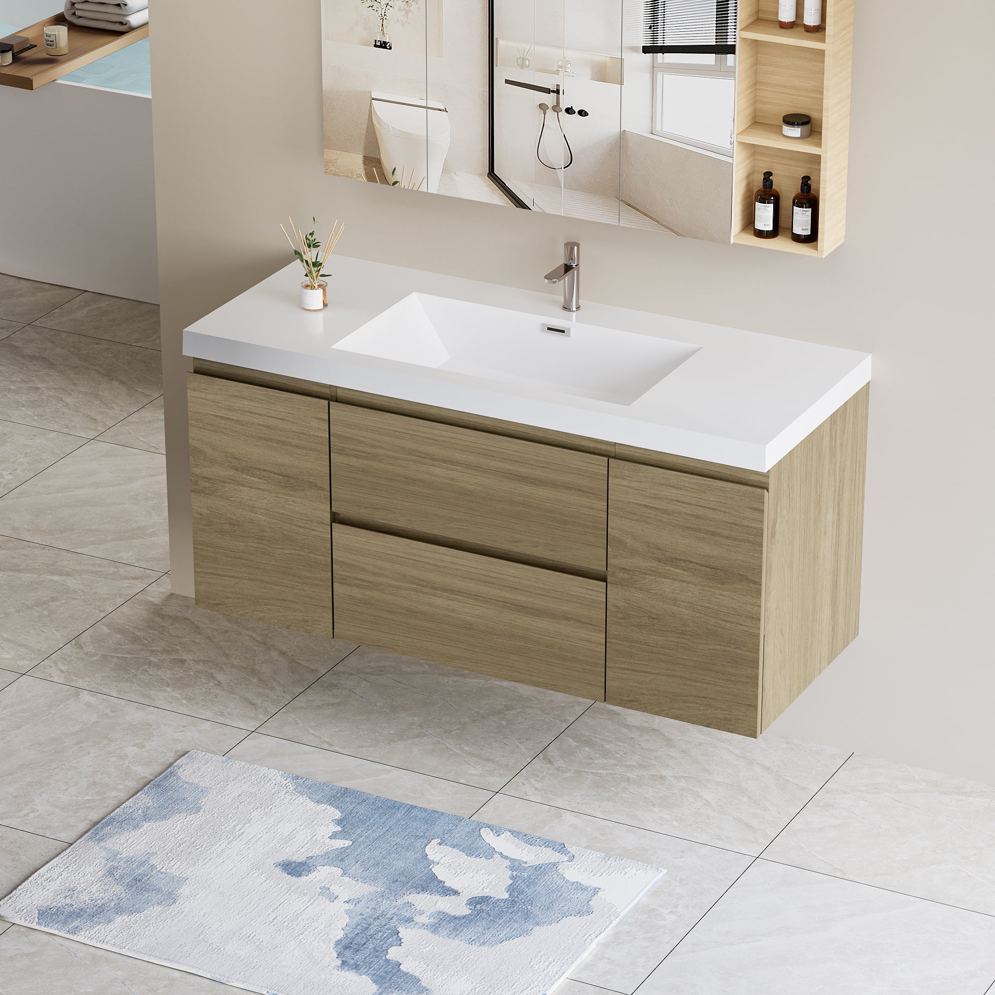 48" Floating Bathroom Vanity with Sink, Modern Wall-Mounted Bathroom Storage Vanity Cabinet with Resin Top Basin and Soft Close Drawers, Natural Oak 24V11-48NO