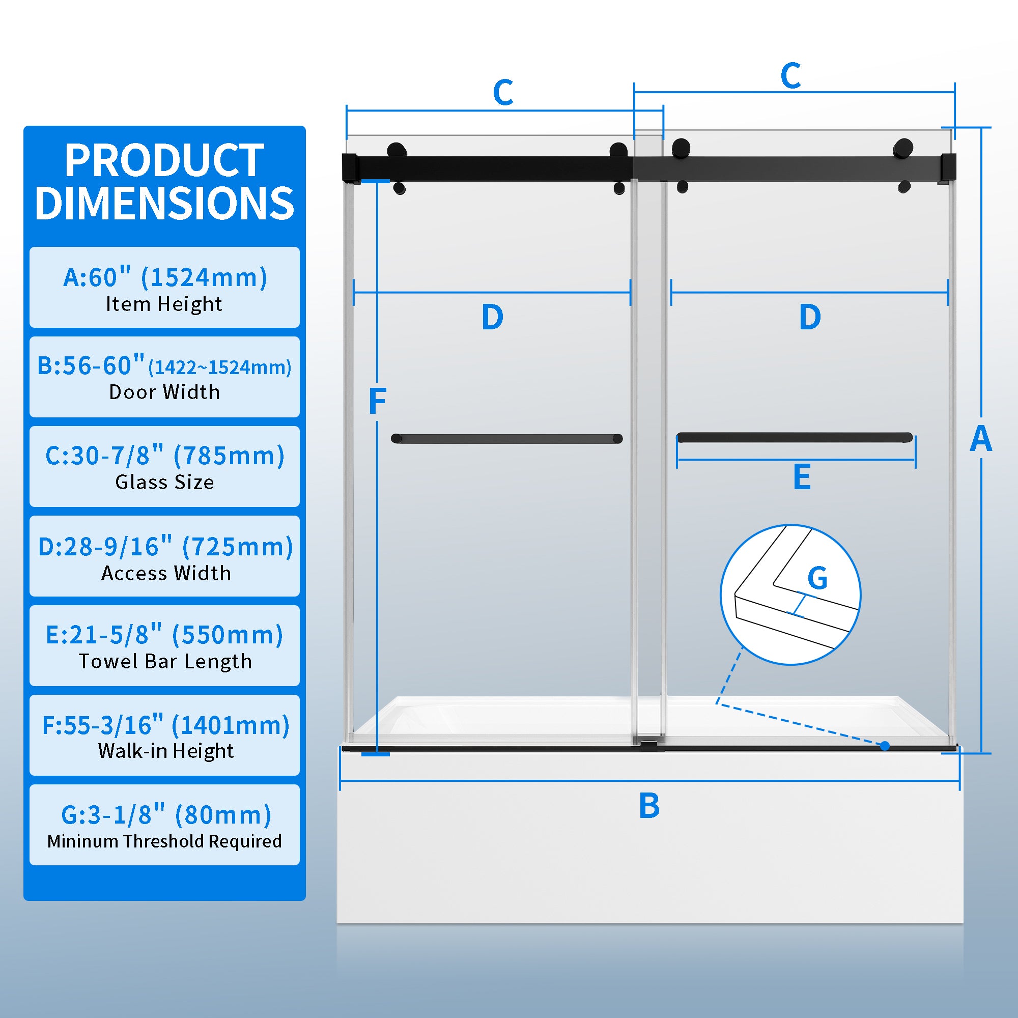 56-60"W × 60"H Double Sliding Frameless Bathtub Door With 3/8 inches (10mm) Clear Tempered Glass, Matte Black Finish