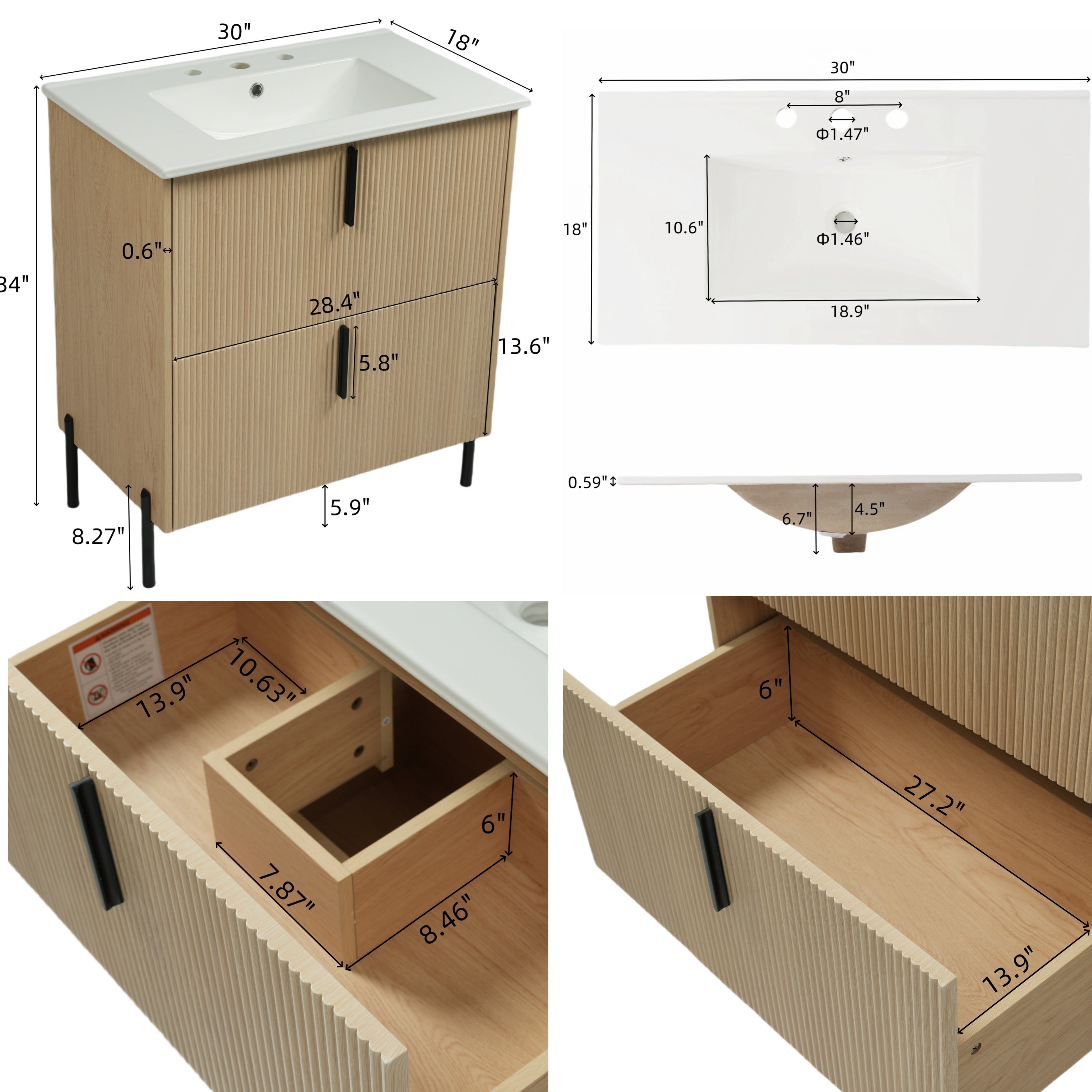 Fluted natural vanity soft-close full-extension drawer open view