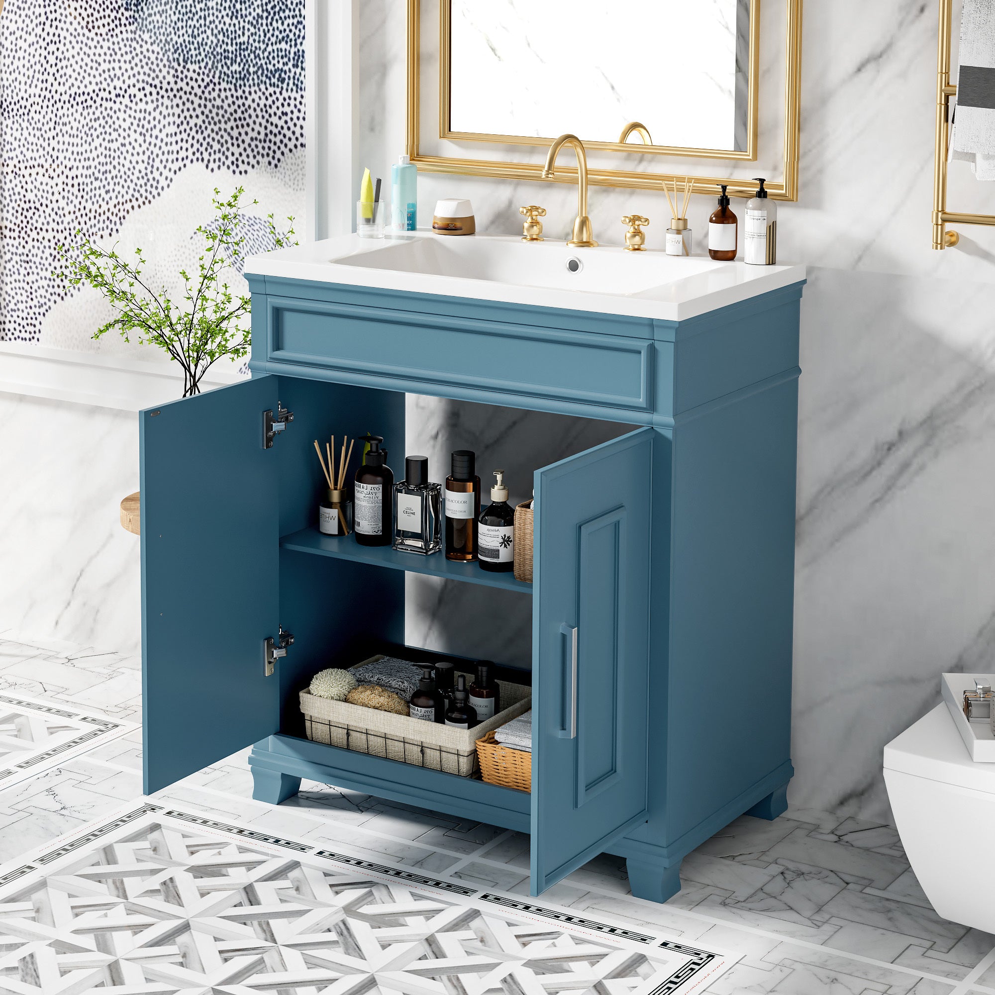 30 Inch Bathroom Vanity with Ceramic Sink, Freestanding Bathroom Vanity Set with Storage Shelf, Storage Cabinet for Bathroom, Solid Wood Frame Bathroom Cabinet, Blue