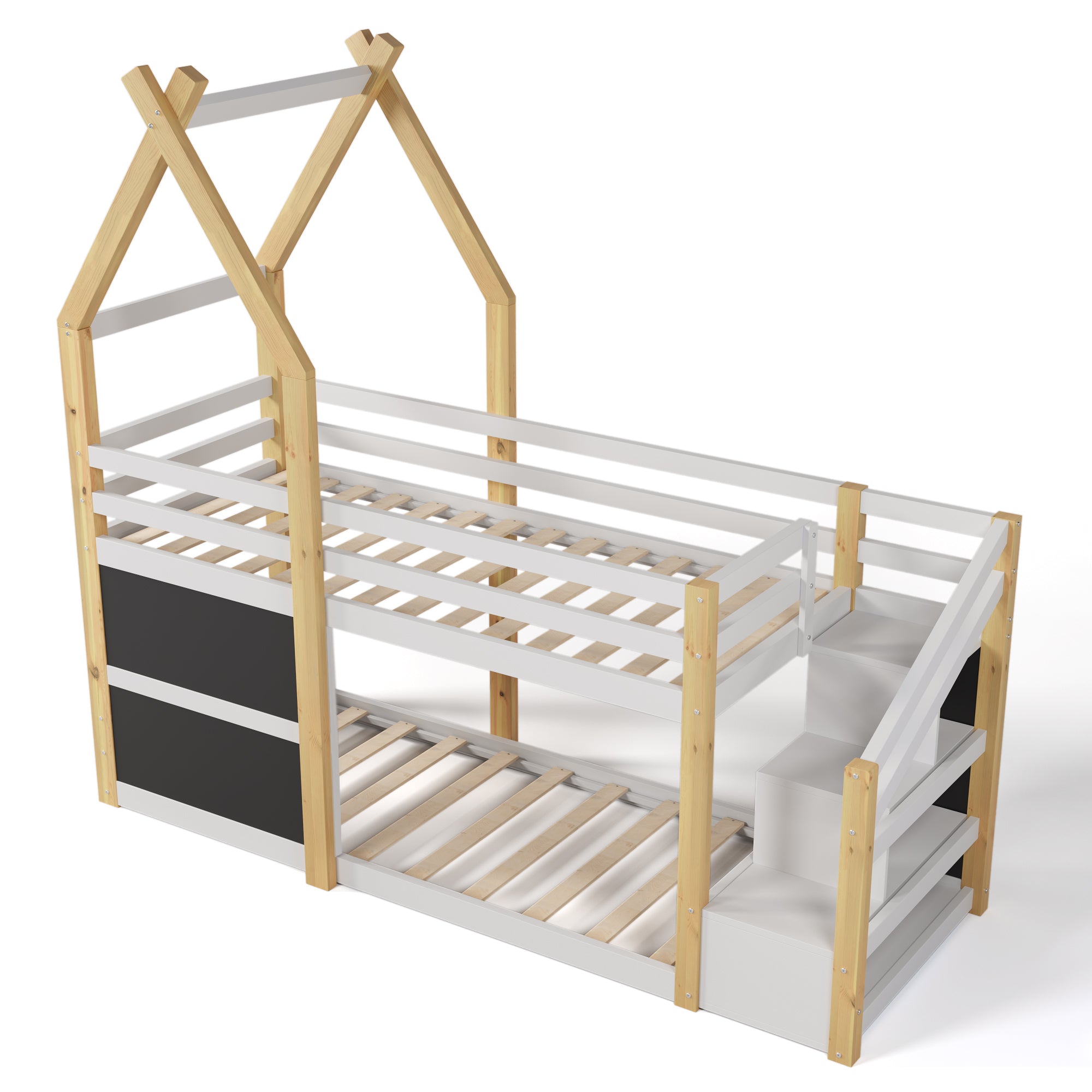 Twin over Twin House Bunk Bed with White Storage Staircase and 2 Blackboards, White and Natural