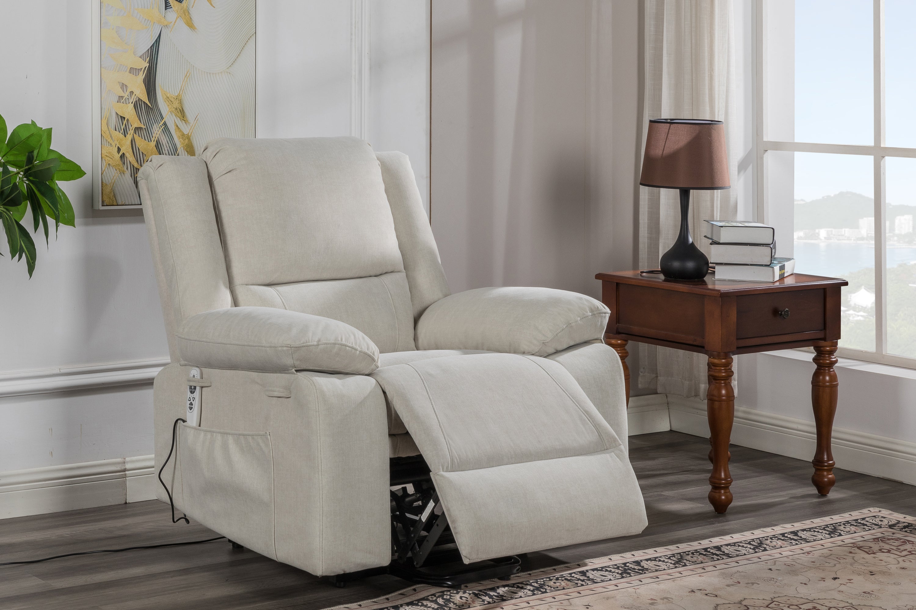 Electric Power Recliner Chair With Massage For Elderly ,Remote Control Multi-function Lifting, Timing, Cushion Heating Chair With Side Pocket Beige