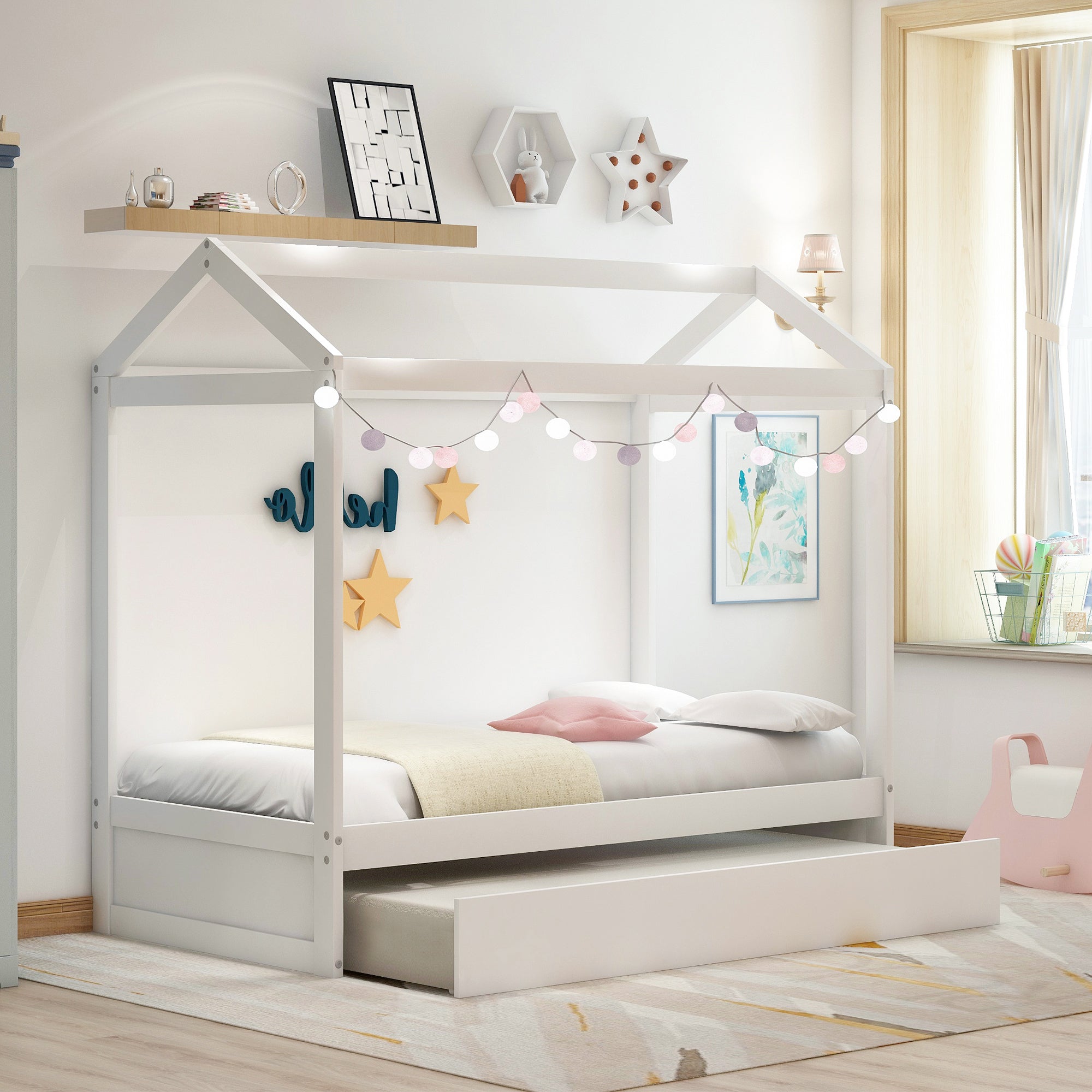 House Bed with Trundle, can be Decorated,White(Old SKU:SM000103AAK)