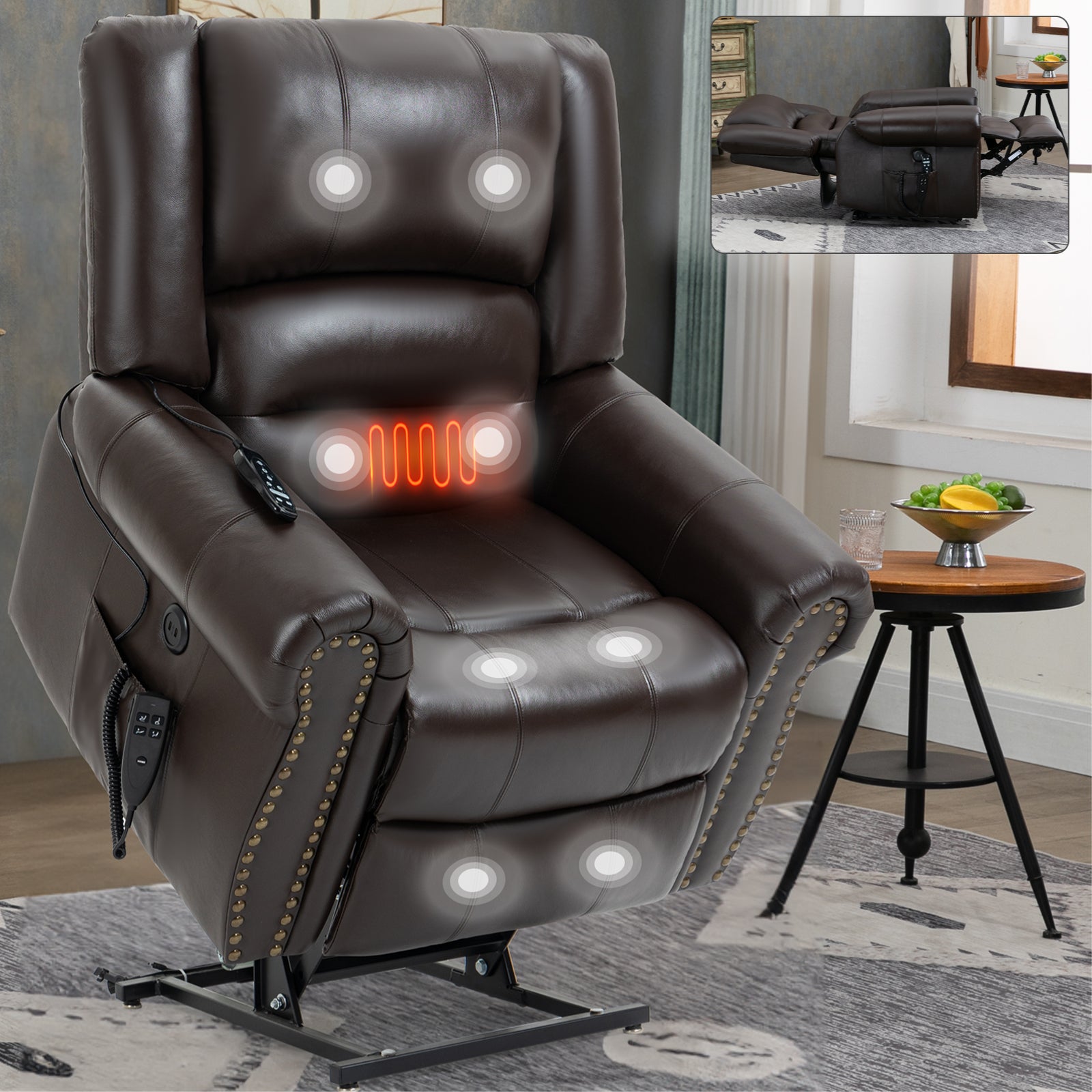 Power Lift Recliner Chair Heat Massage Dual Motor Infinite Position Up to 350 LBS, Genuine Leather, Heavy Duty Motion Mechanism with USB Ports, Brown