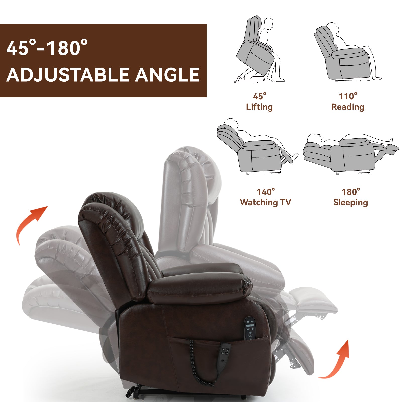 Dual Motor Infinite Position Up to 350 LBS Electric Medium size Genuine Leather Brown Power Lift Recliner Chair with 8-Point Vibration Massage and Lumbar Heating