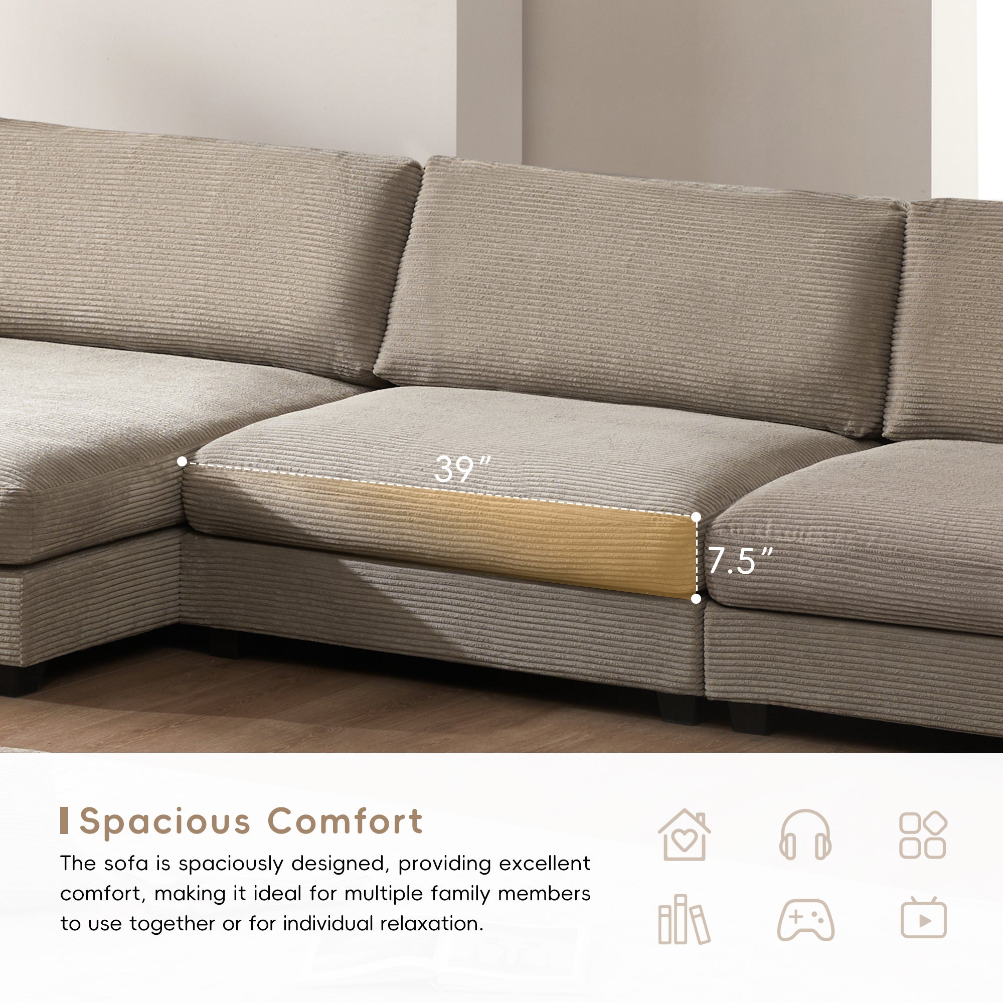 [VIDEO provided][New]134*54"Oversized Corduroy Sectional Sofa,L Shaped Cloud Couch with USB Charging Port,Cup Holder,Deep Seat Sofa Bed with 50" Chaise,Comfy Indoor Furniture for Living Room,3 Colors