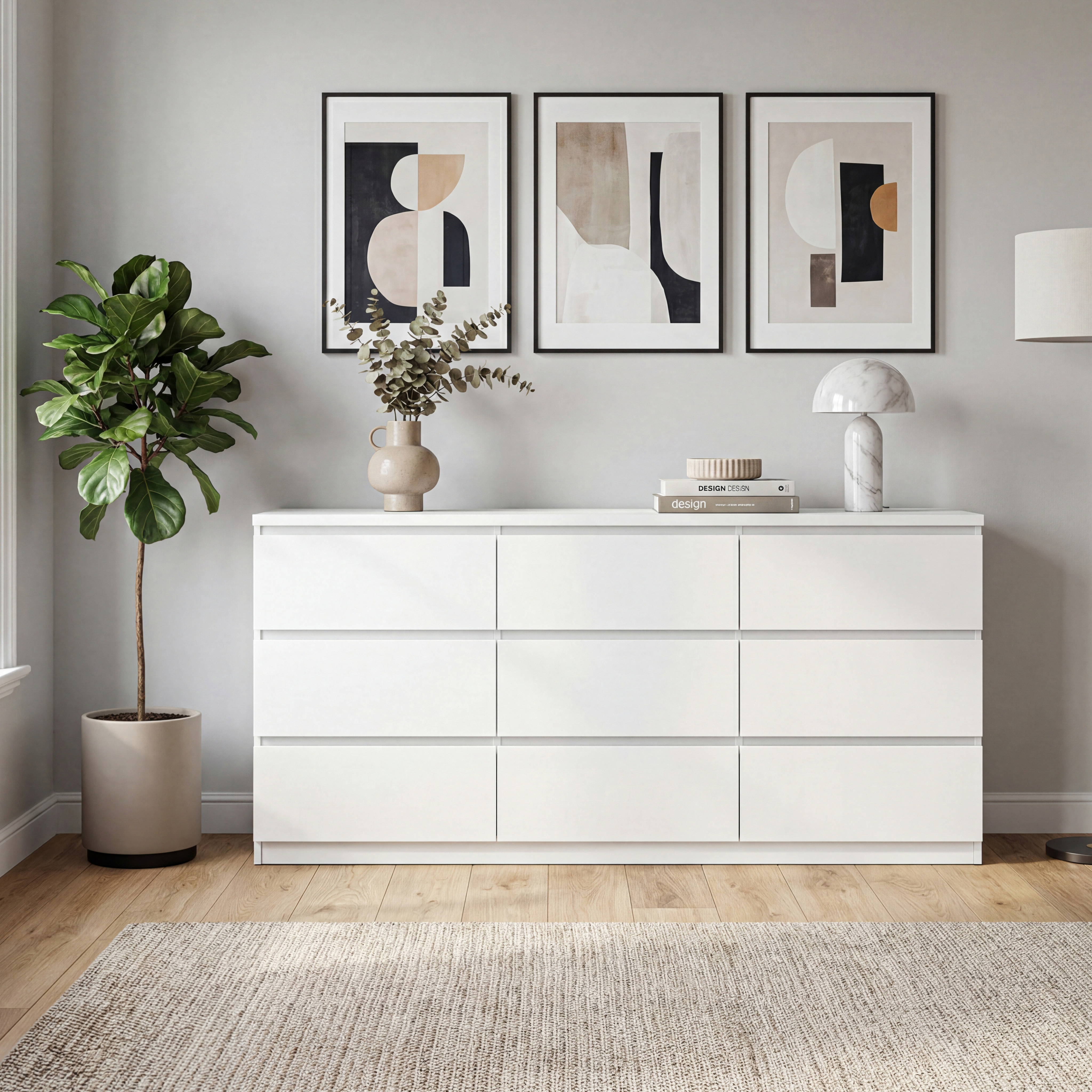 White matte 9 drawer chest of drawers side profile view