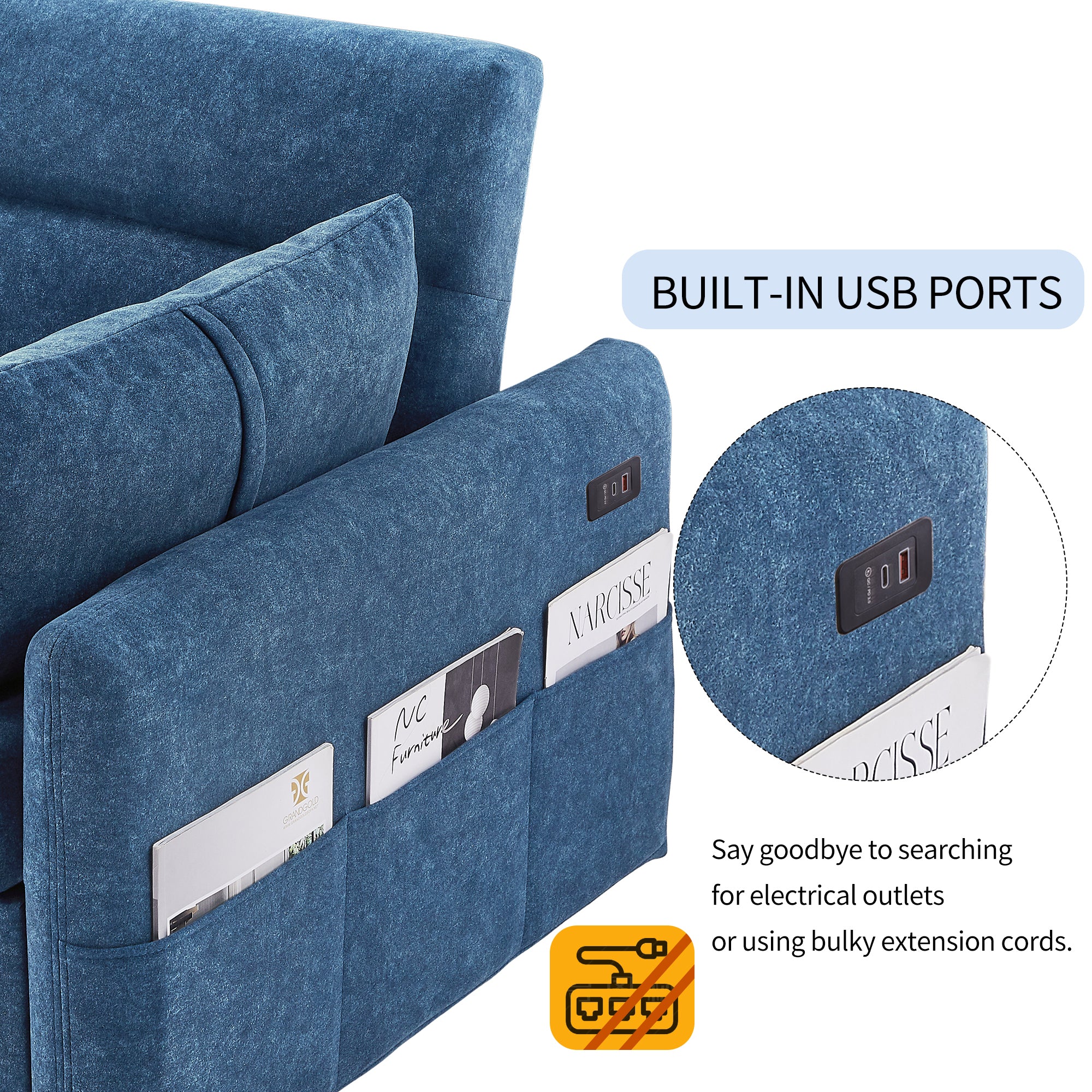 55.1" Pull Out Sleep Sofa Bed Loveseats Sofa Couch with Adjsutable Backrest, Storage Pockets, 2 Soft Pillows, USB Ports for Living Room, Bedroom, Apartment, Office, Blue (Old SKU WF307821AAC)