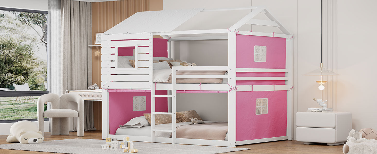 Full Size Bunk Wood House Bed with Tent, Pink+White