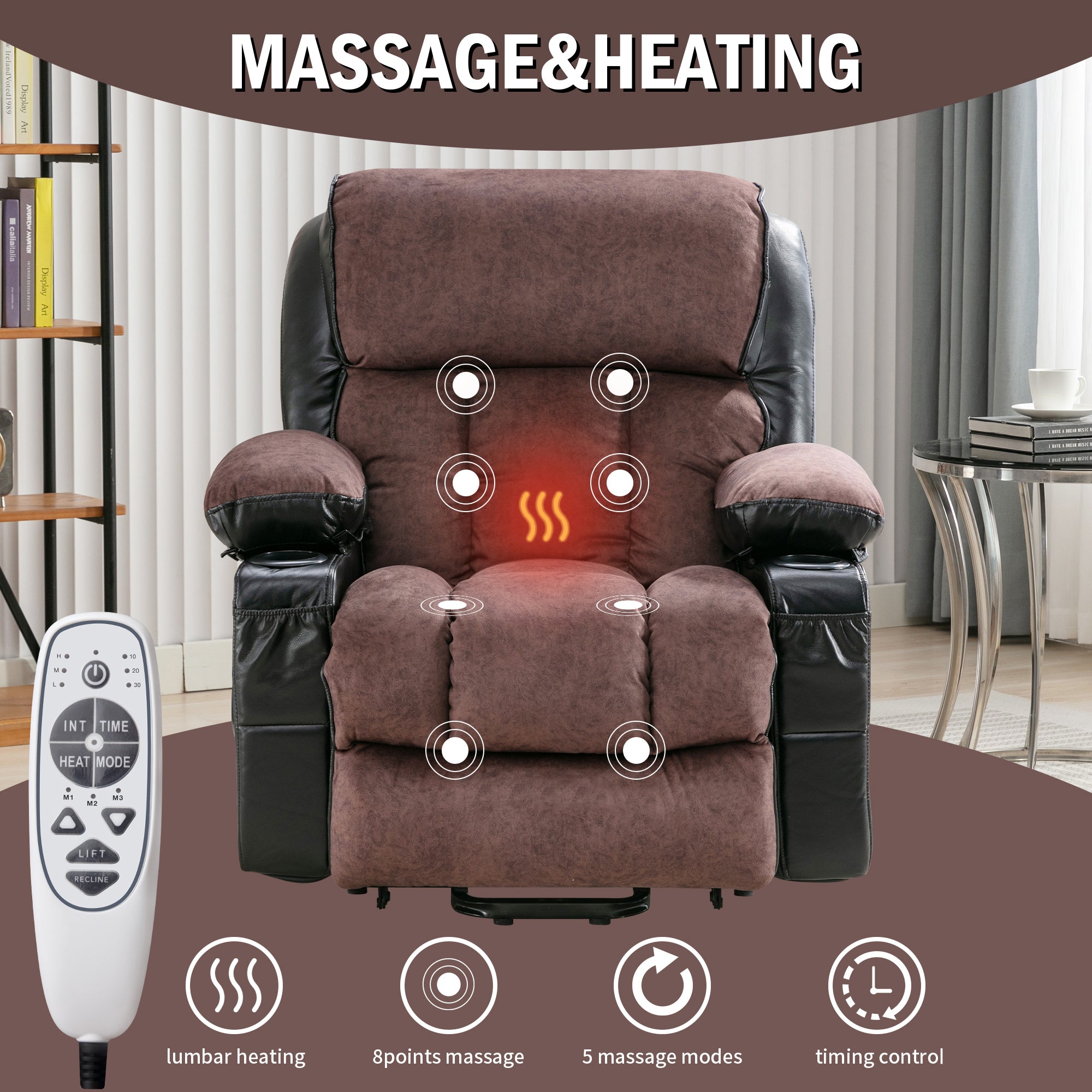 Power Electric massage lift lounge chair, suitable for the elderly, with heating and vibration functions,Fleece leather with USB, can be used for lying down. BLACK BROWN A+B box