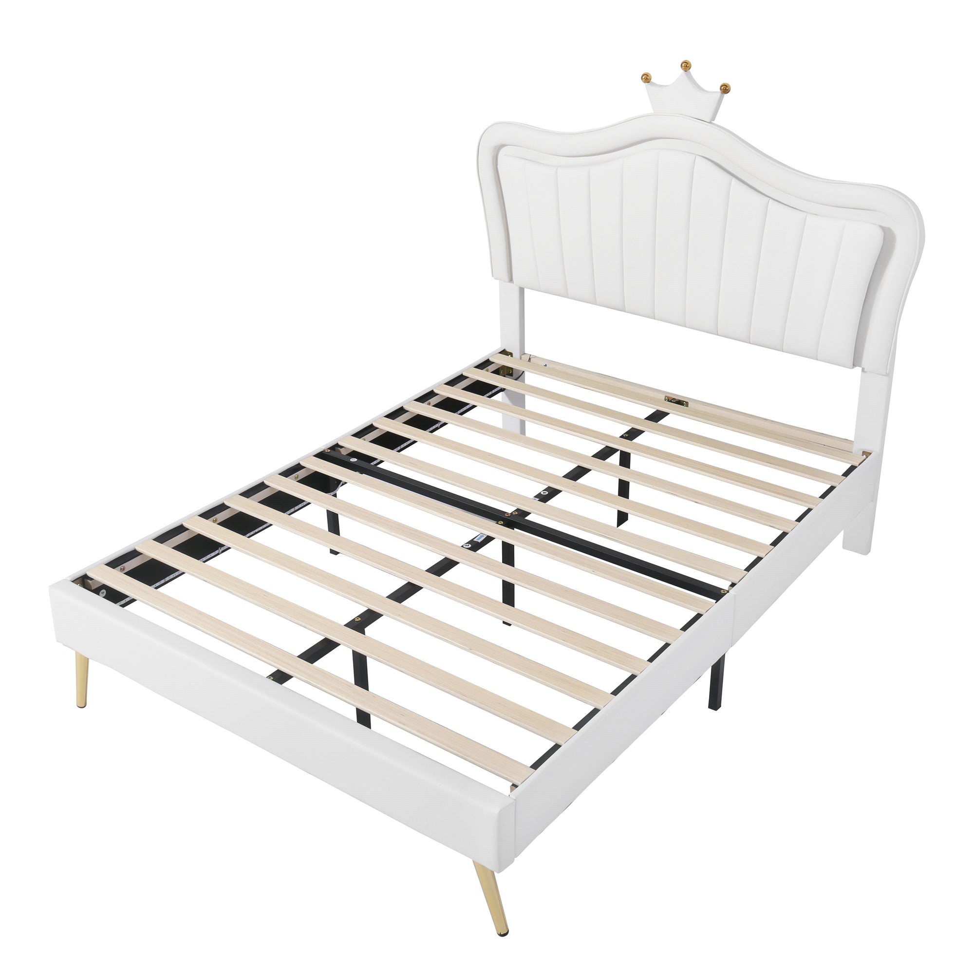 Full Size Upholstered Bed Frame with LED Lights,Modern Upholstered Princess Bed With Crown Headboard,White