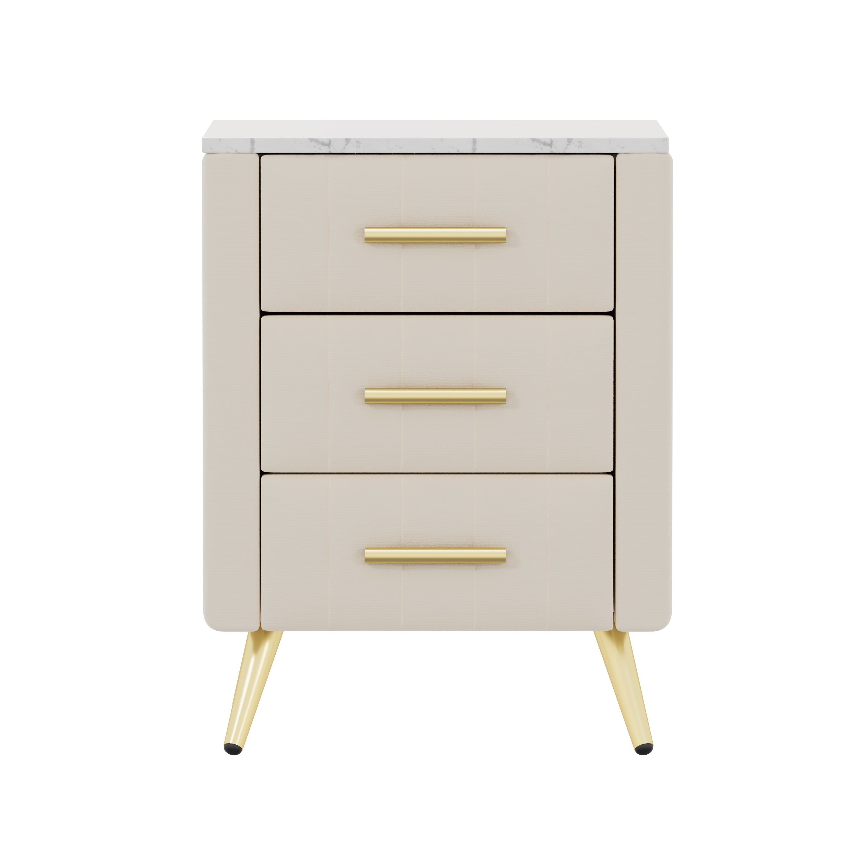 Beige 3-drawer bedside table styled in a bedroom setting