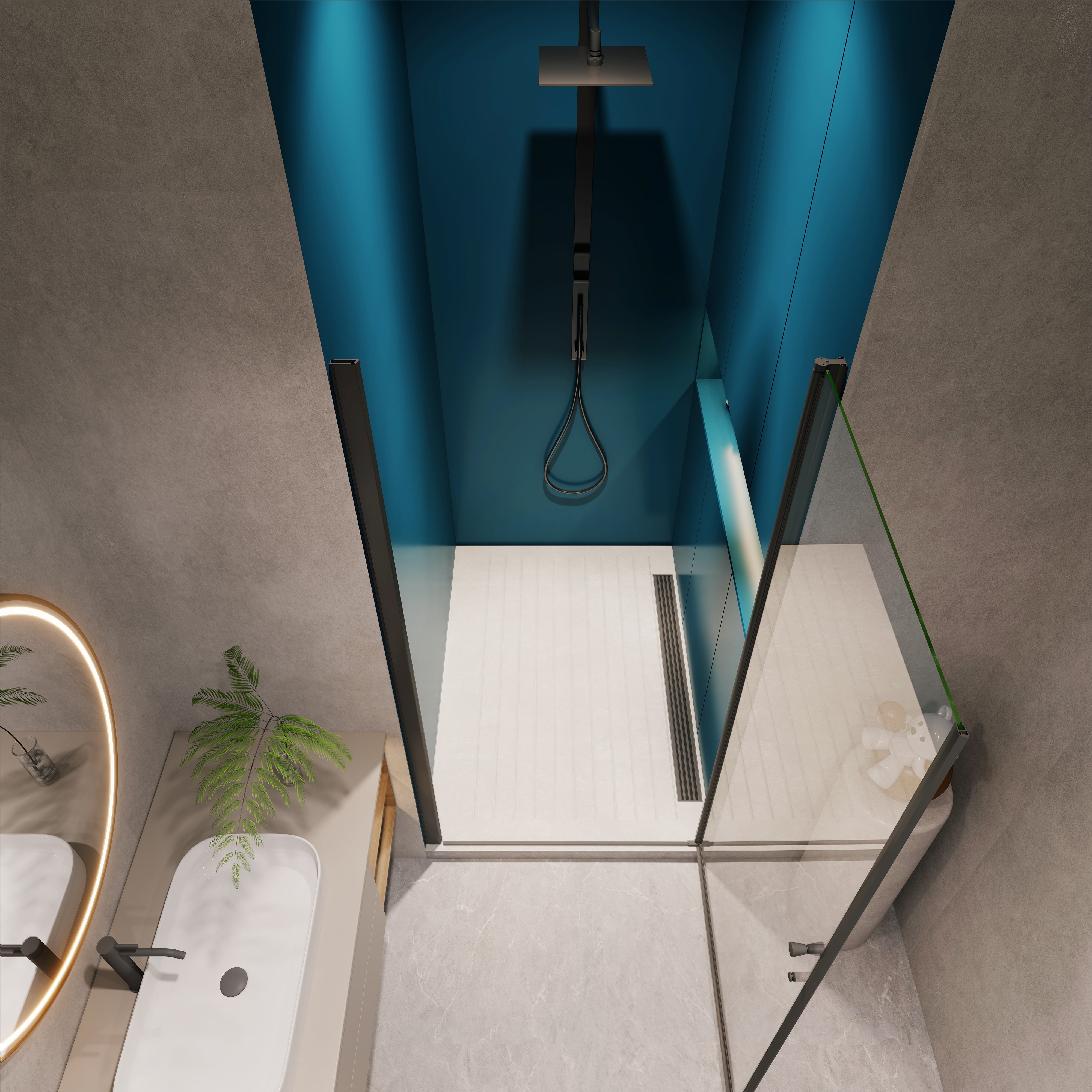 24-37 x 72 in pivot shower door matte black installed view