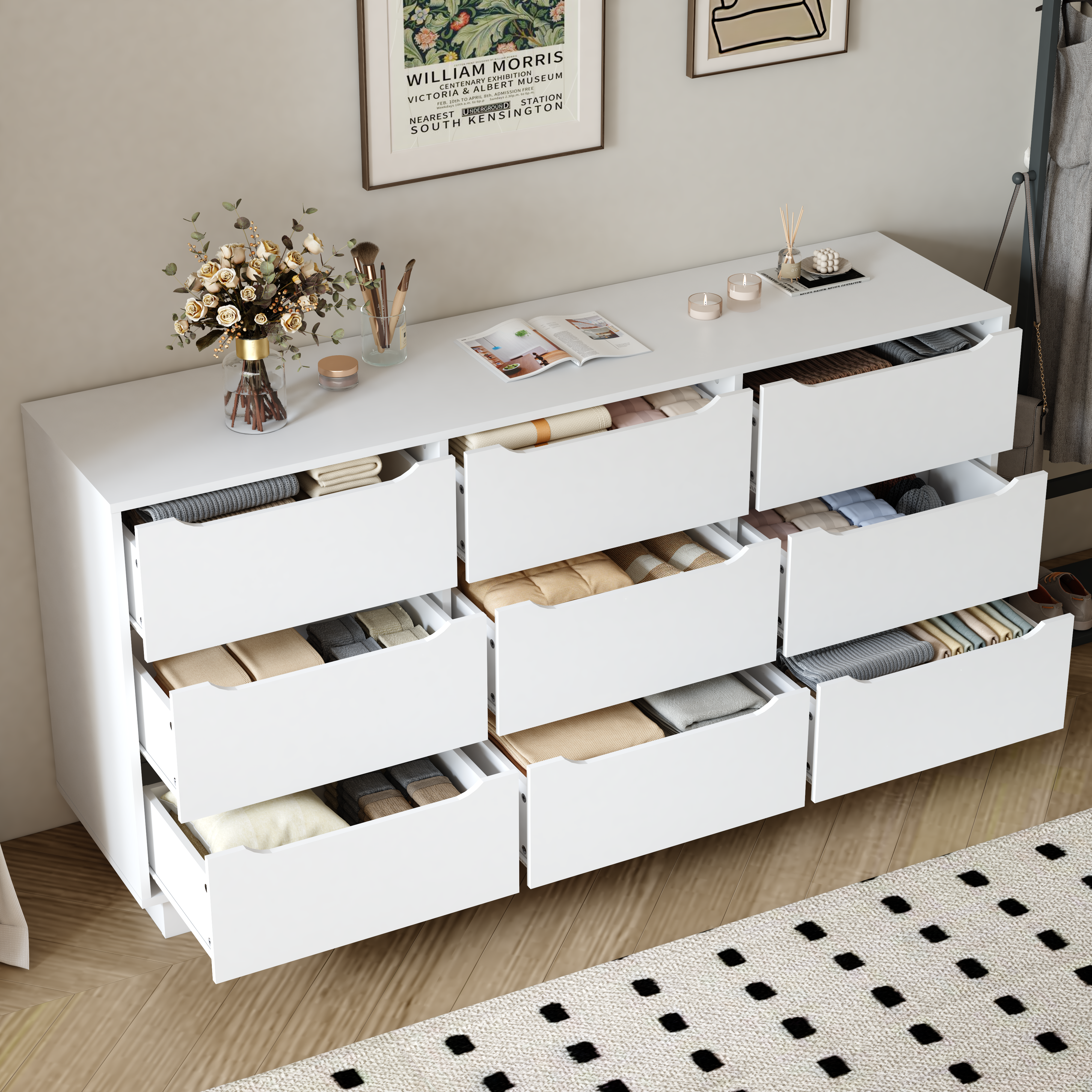 Modern white wood chest of drawers, side profile