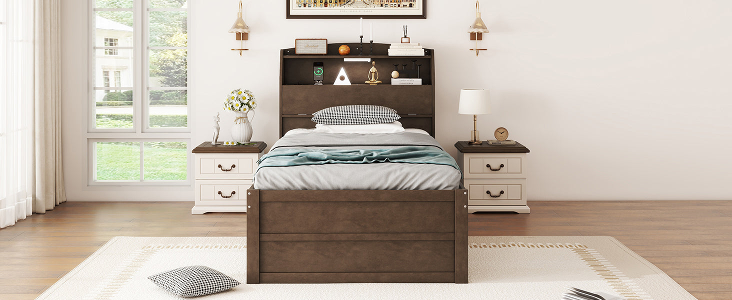 Twin Size Wooden LED Platform Bed with Trundle, with Storage Headboard, with Drawers, Brown