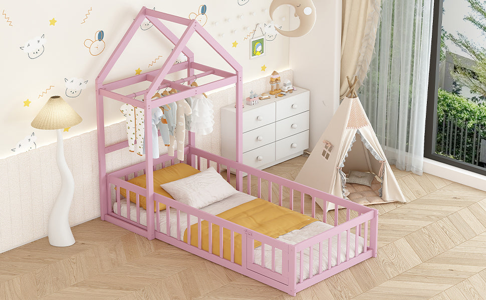 Wooden Floor Bed with Fence Railings and Detachable House Shape Headboard, Twin Size Bed with Kids Dress Up Rack, Kids Montessori Style Playhouse Frame for Girls Boys, Pink