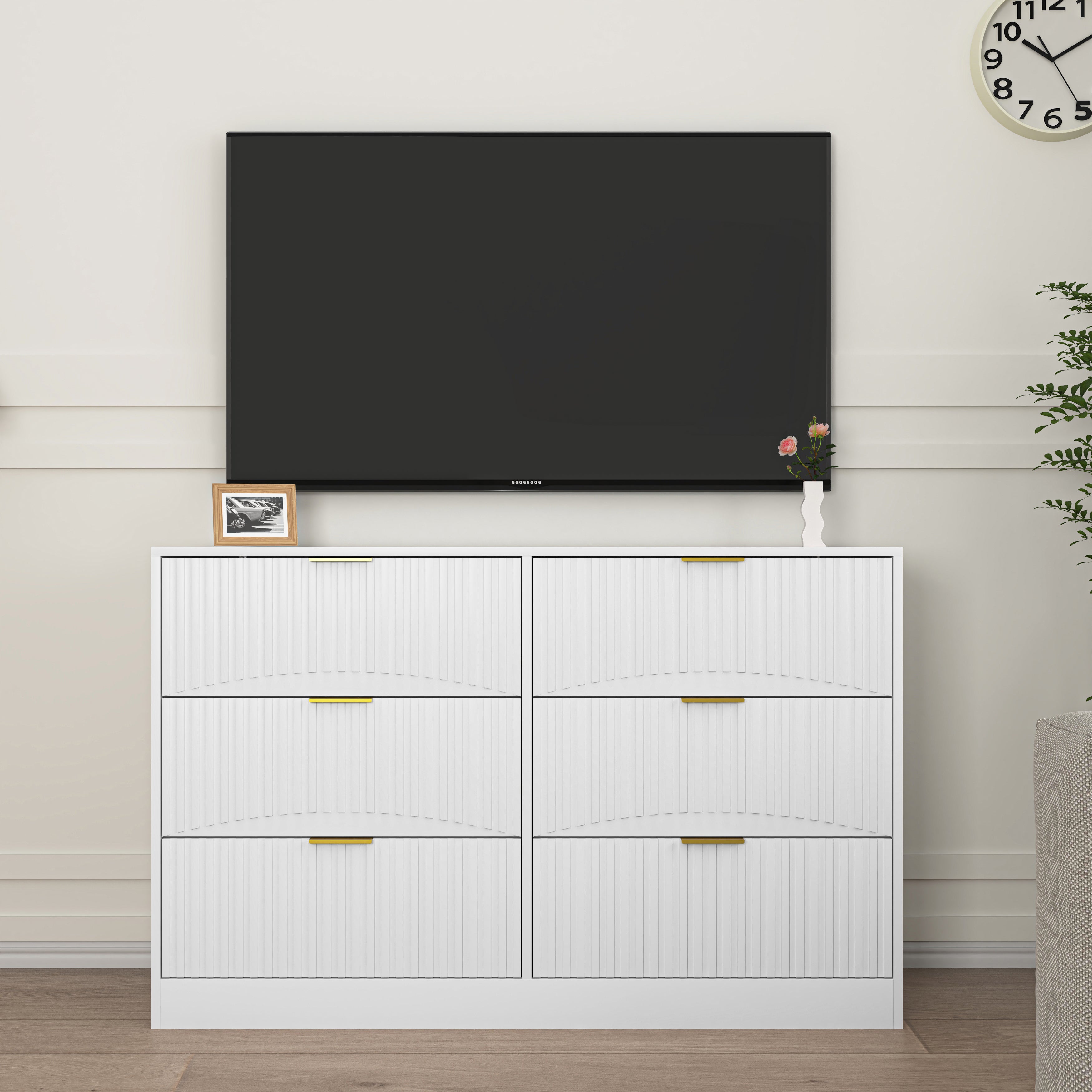 White 6-drawer dresser wavy-panel drawer front close-up detail