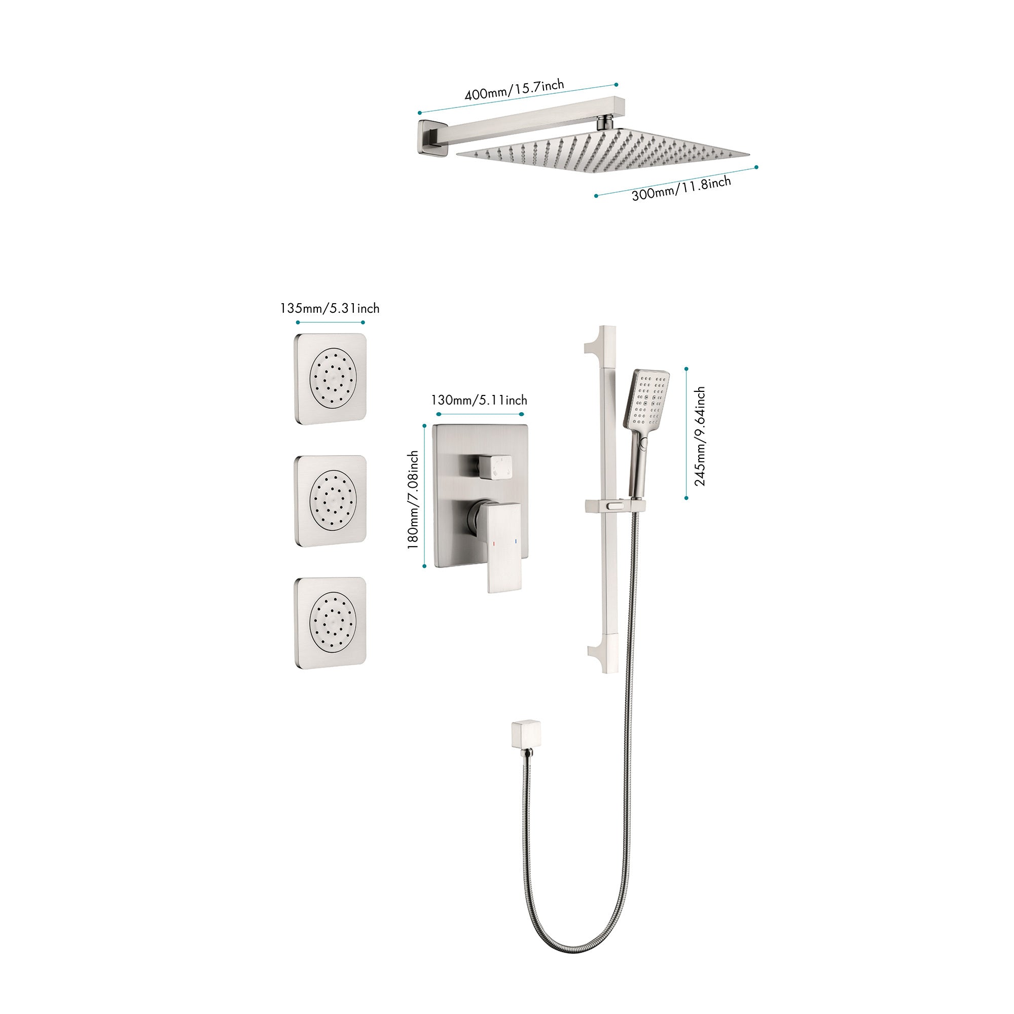 Shower System with Shower Head, Hand Shower, Slide Bar, Bodysprays, Shower Arm, Hose, Valve Trim, and Lever Handles