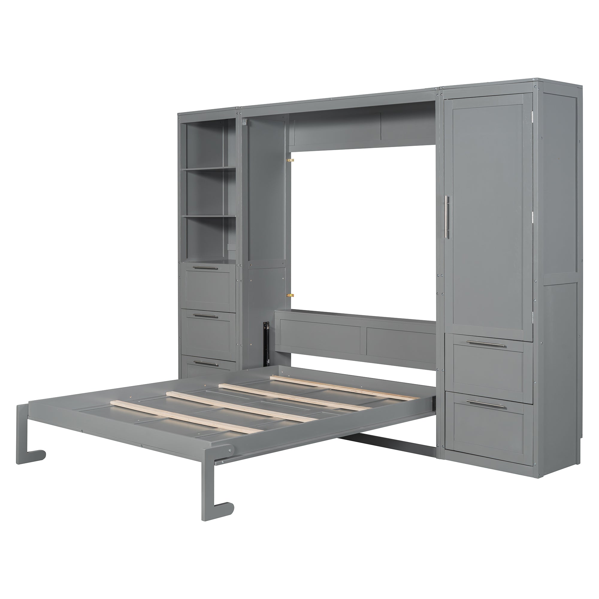 Queen Size Murphy Bed Wall Bed with Closet ,Drawers and Shelves,Gray