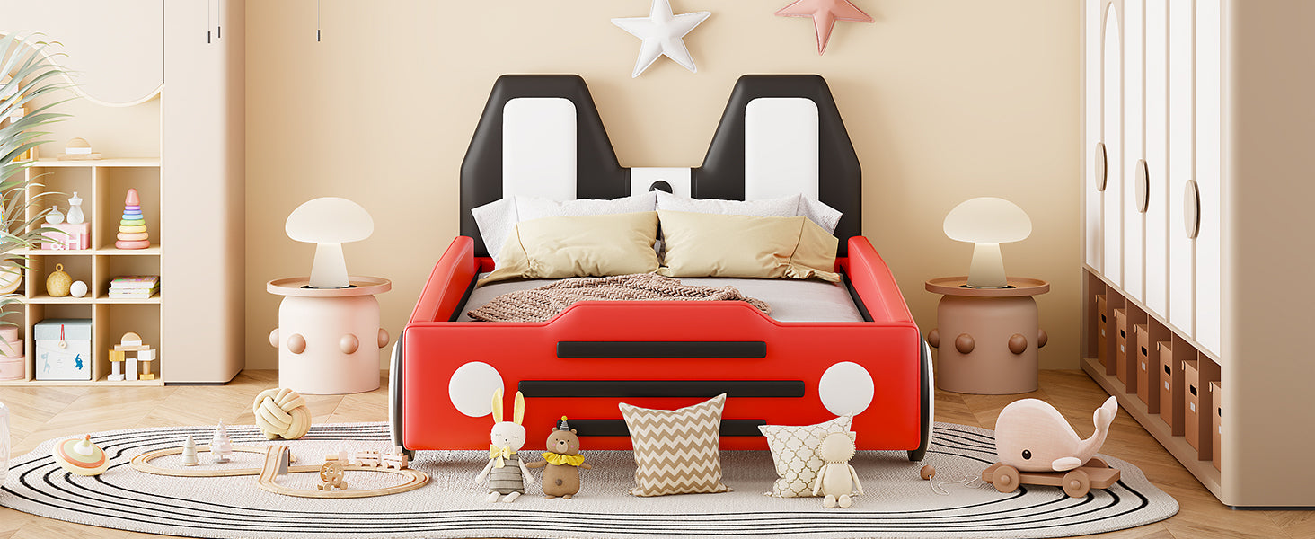 Twin Size Race Car-Shaped Platform Bed with Wheels,Red