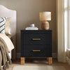 Black 2-drawer fluted nightstand with solid wood legs, front view