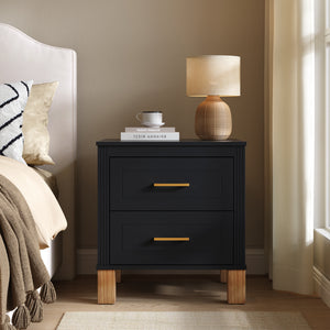 Black 2-drawer fluted nightstand with solid wood legs, front view