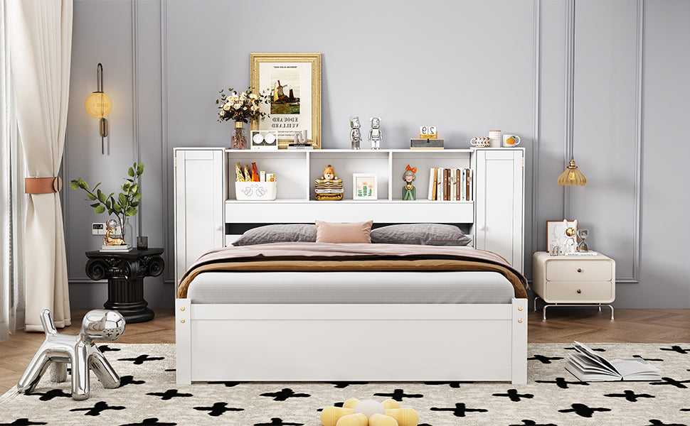 Full Size Platform Bed with Storage Headboard and Lockers, White