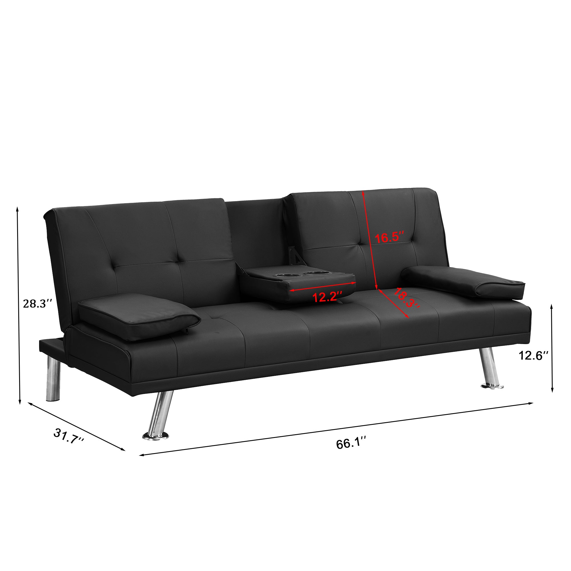 Sofa Bed with Armrest two holders WOOD FRAME, STAINLESS LEG, FUTON BLACK PVC