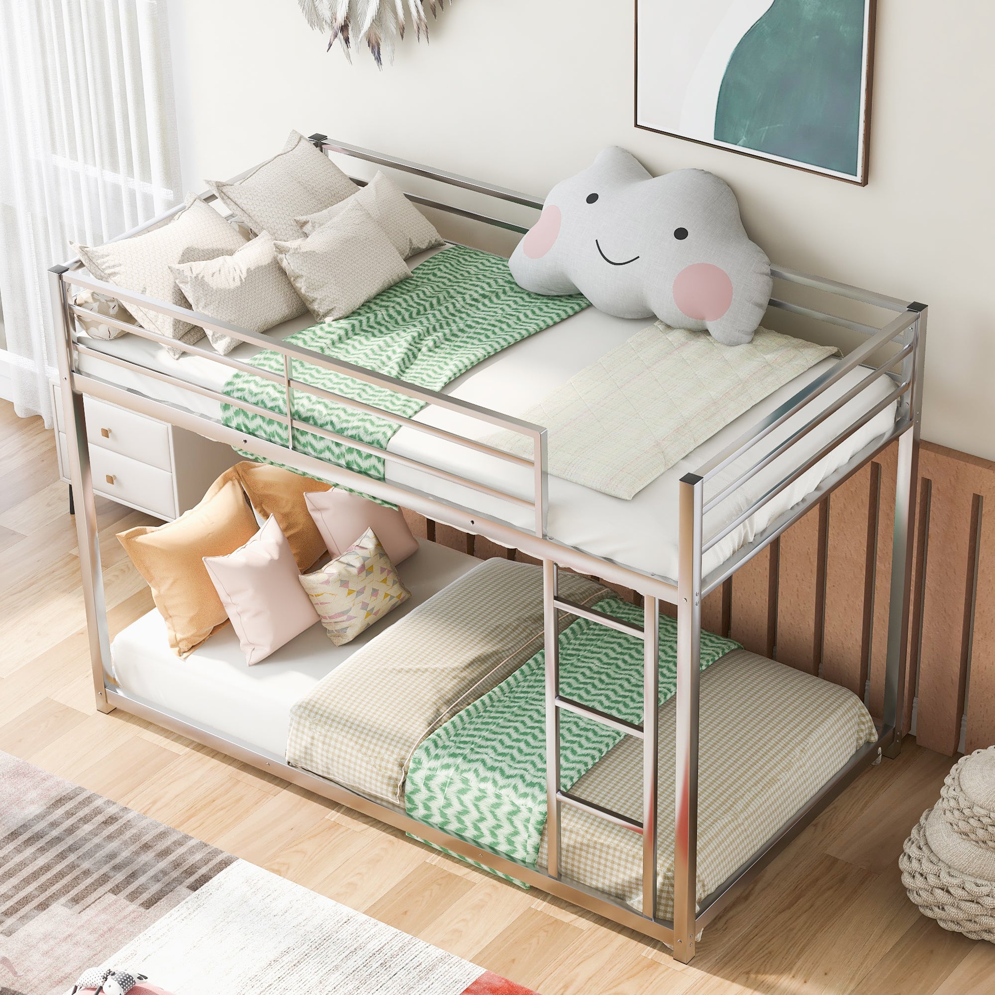 Twin over Twin Metal Bunk Bed, Low Bunk Bed with Ladder,Silver(OLD SKU:WF282465AAN)